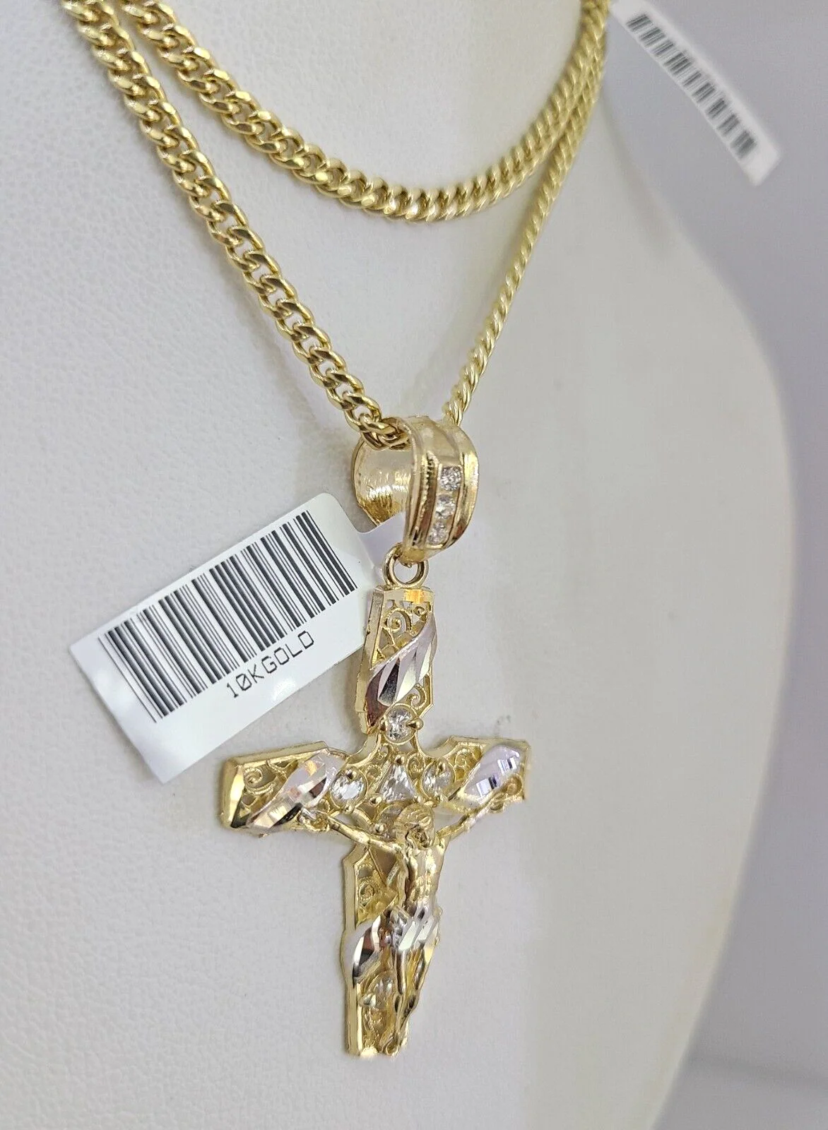Real 10k Gold Chain Pendant SET Jesus Cross Charm Miami Cuban Link Necklace 2mm - Image 3