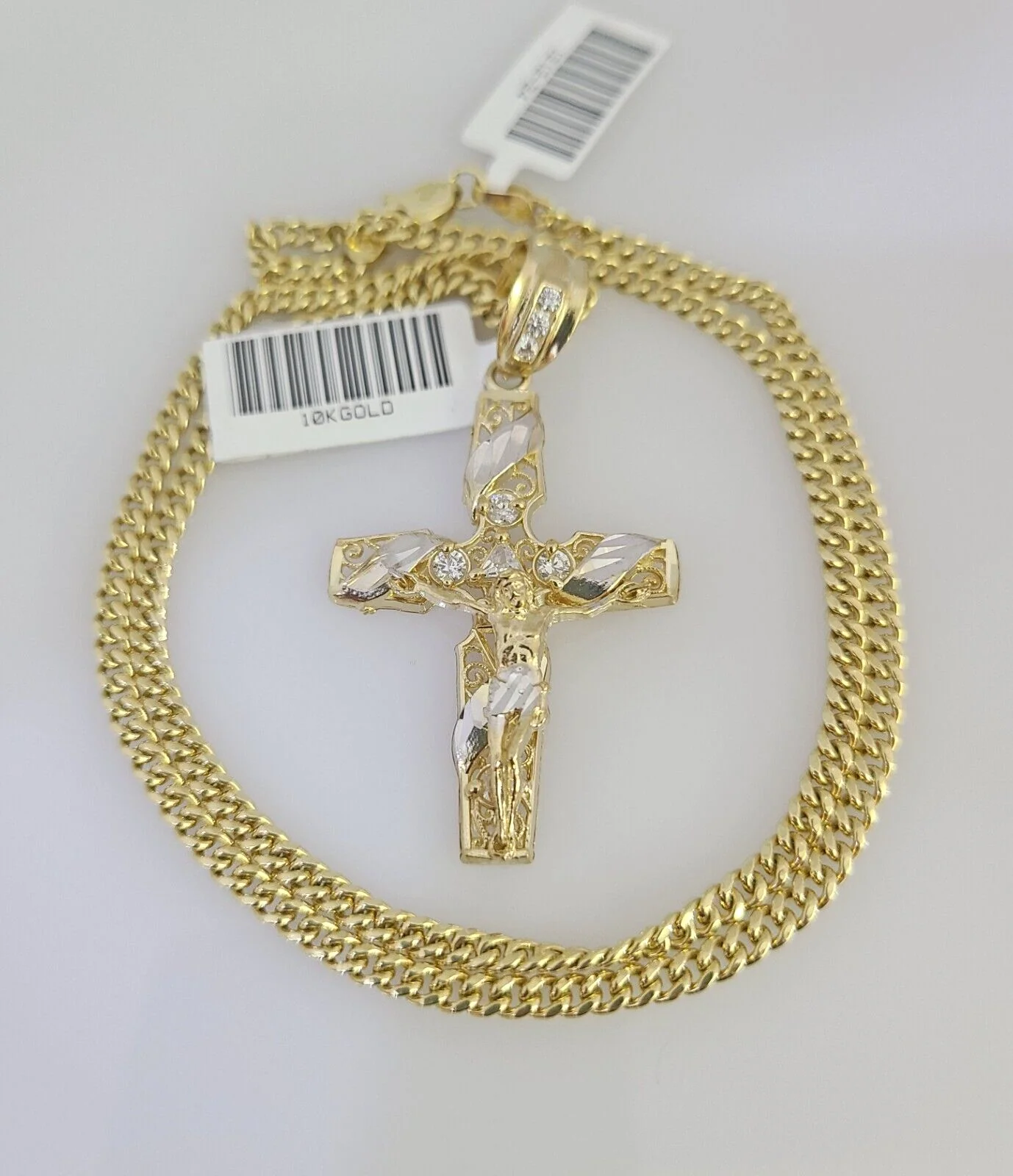 Real 10k Gold Chain Pendant SET Jesus Cross Charm Miami Cuban Link Necklace 2mm - Image 5