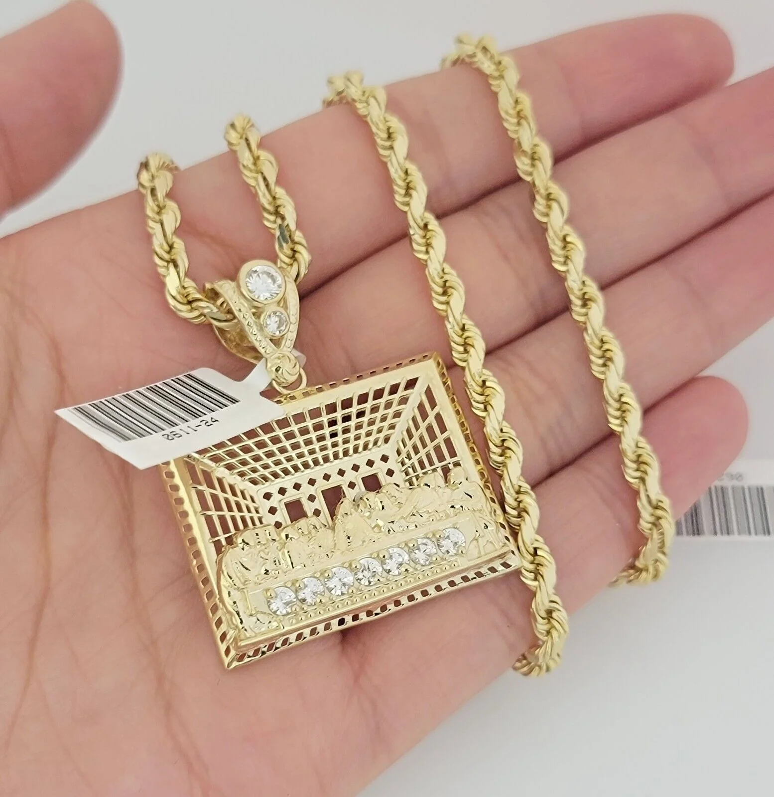 Real 10k Gold Chain Pendant SET Last Supper Charm Solid Rope Necklace 4mm 24Inch - Image 3