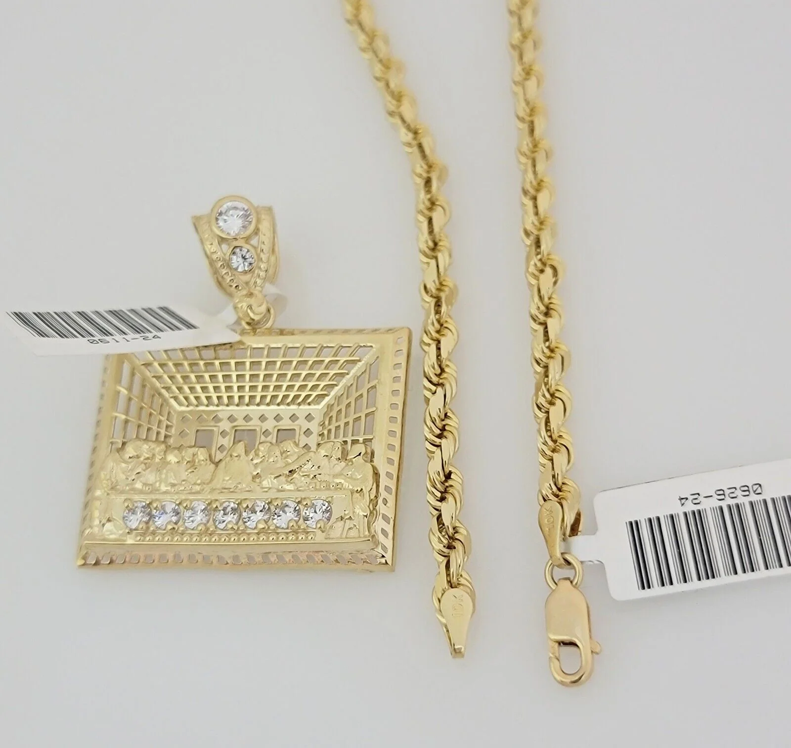 Real 10k Gold Chain Pendant SET Last Supper Charm Solid Rope Necklace 4mm 24Inch - Image 5