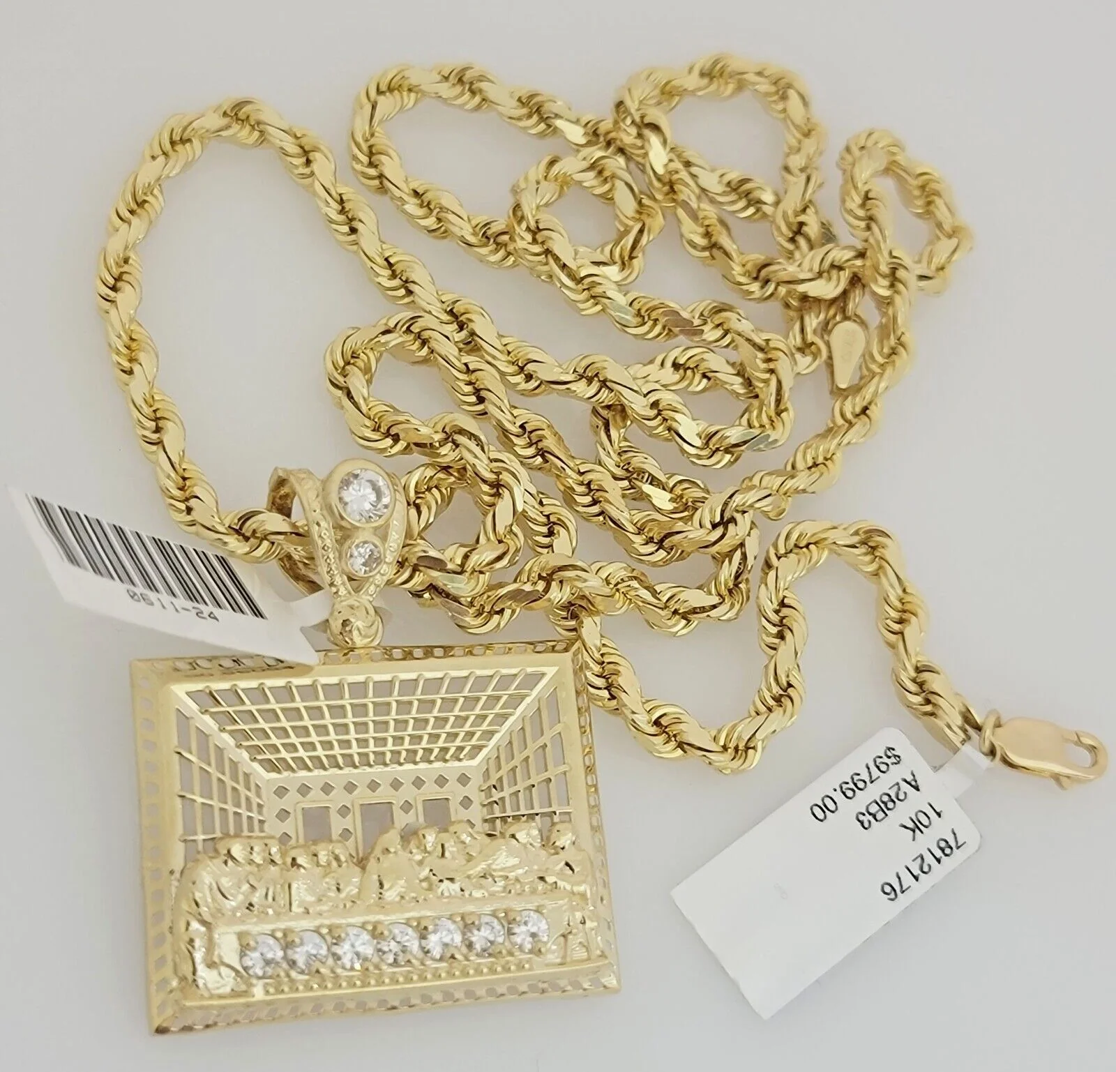 Real 10k Gold Chain Pendant SET Last Supper Charm Solid Rope Necklace 4mm 24Inch - Image 6