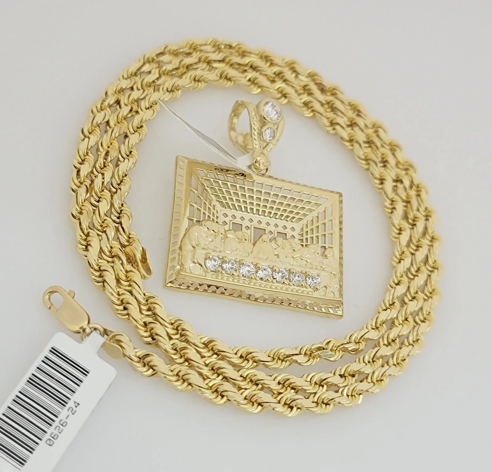 Real 10k Gold Chain Pendant SET Last Supper Charm Solid Rope Necklace 4mm 24Inch - Image 7
