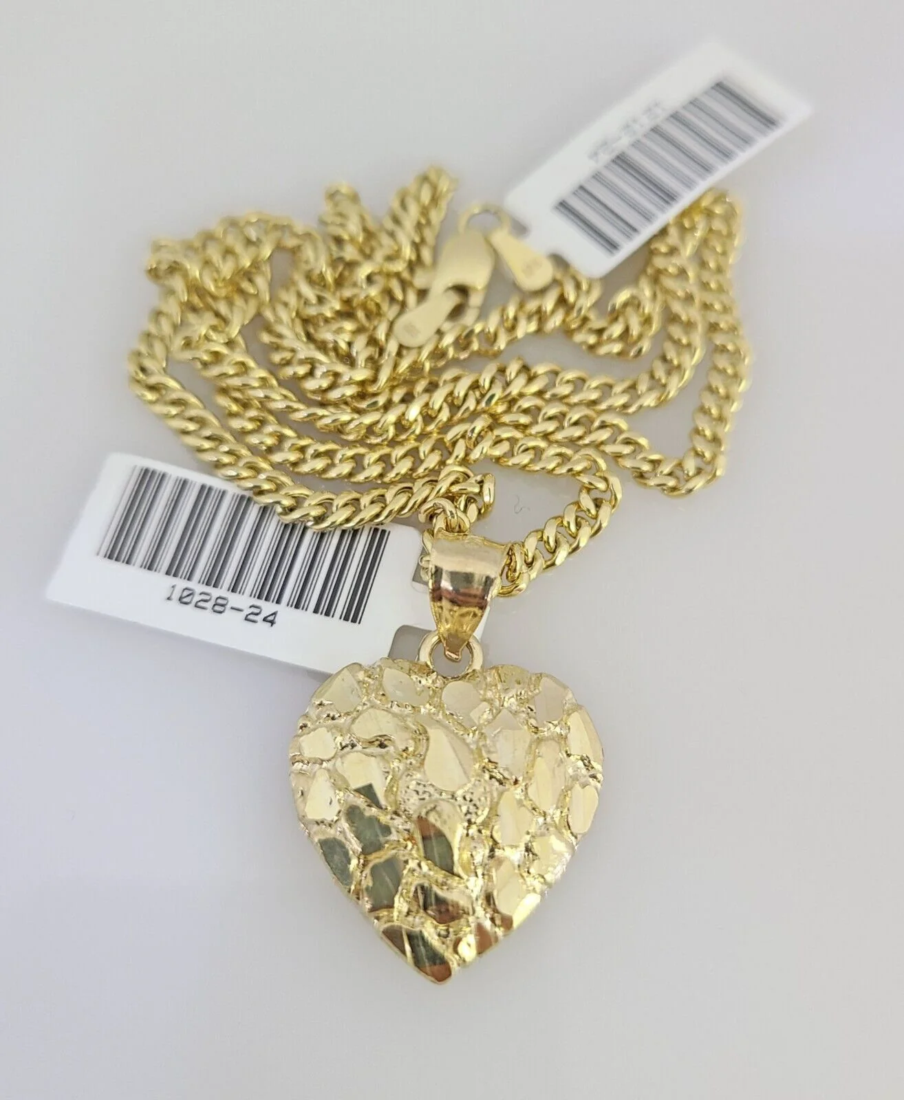 Real 10k Gold Chain Pendant SET Nugget Heart Charm Miami Cuban Link Necklace 2mm - Image 4