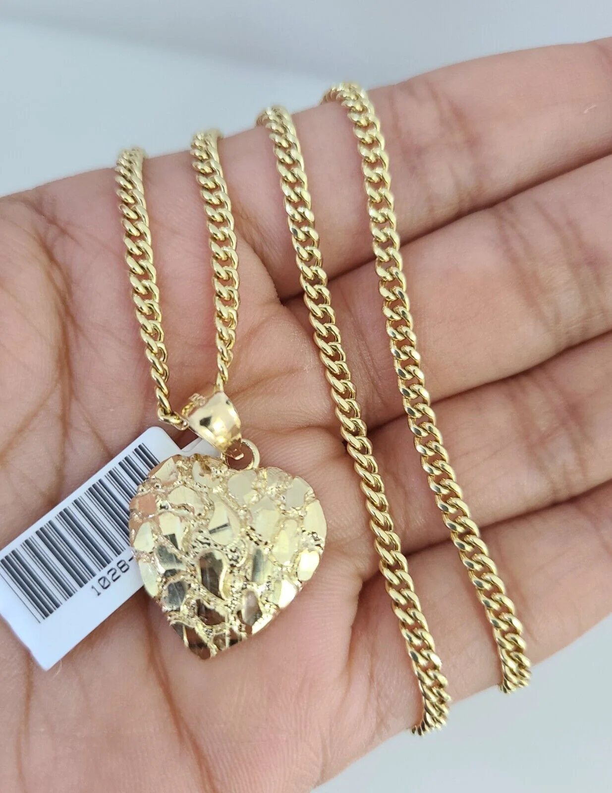 Real 10k Gold Chain Pendant SET Nugget Heart Charm Miami Cuban Link Necklace 2mm - Image 5