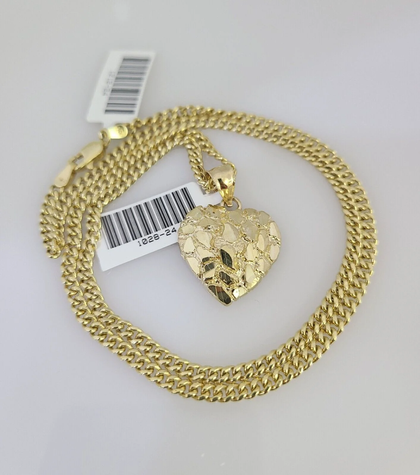 Real 10k Gold Chain Pendant SET Nugget Heart Charm Miami Cuban Link Necklace 2mm - Image 6