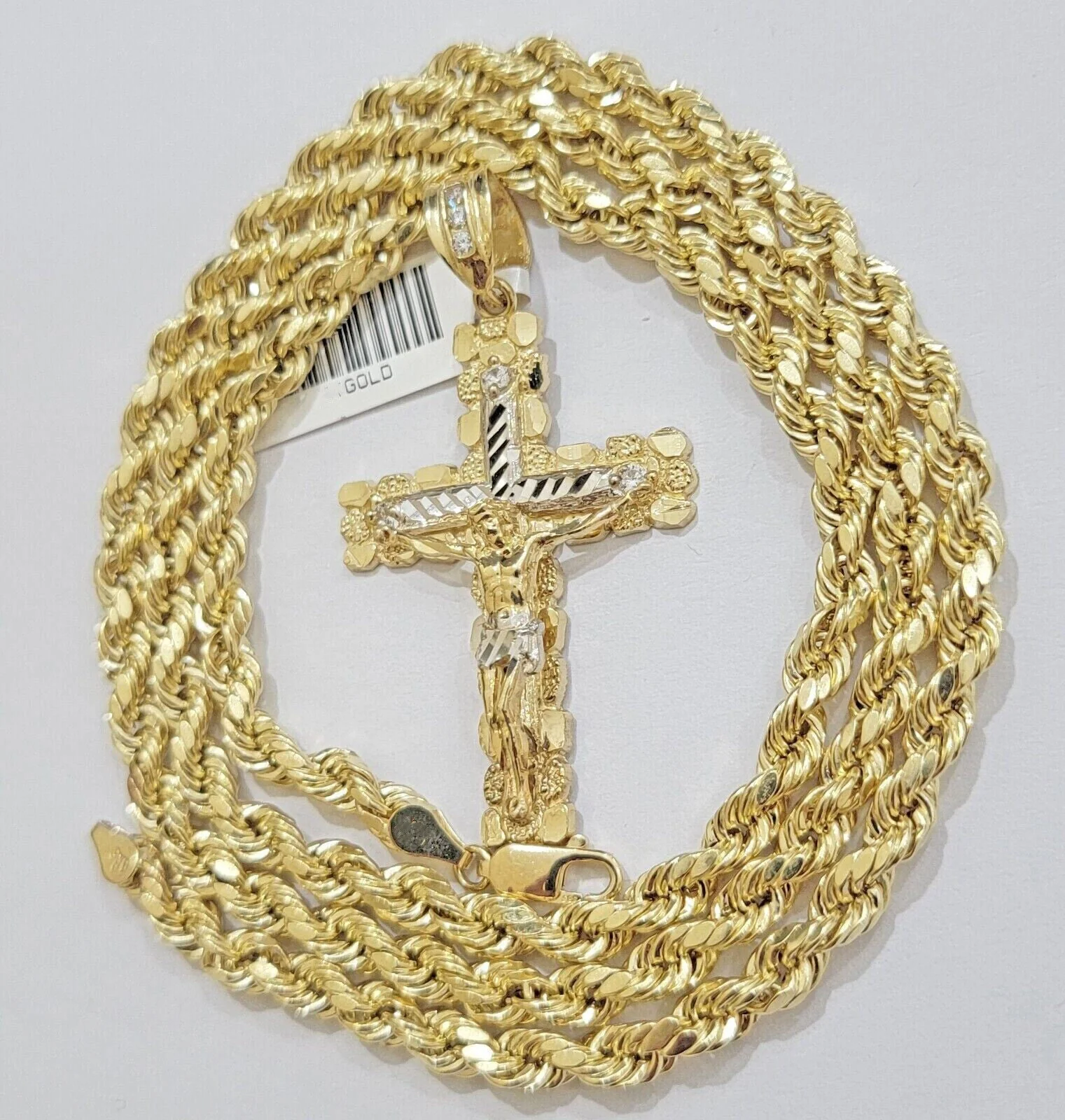 Real 10k Gold Chain Pendant set Rope Necklace Jesus Cross Charm 18" Choker 4mm - Image 3