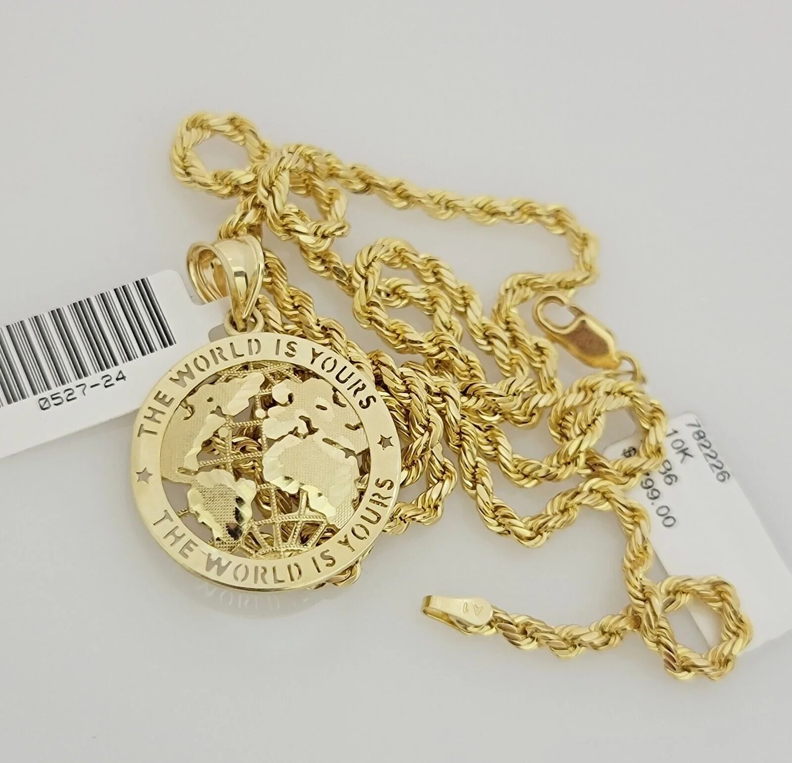 Real 10k Gold Chain Pendant SET World Is Your Charm  Rope Necklace 3mm 22 Inch - Image 3