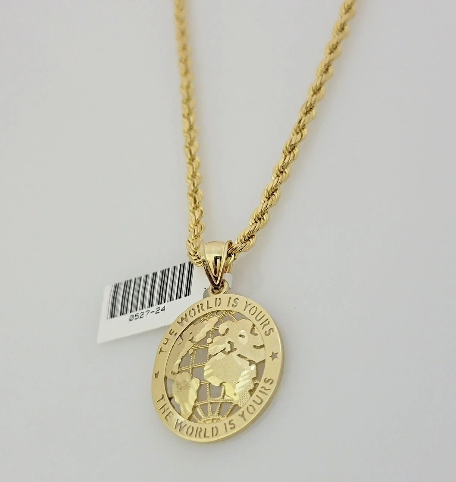 Real 10k Gold Chain Pendant SET World Is Your Charm  Rope Necklace 3mm 22 Inch - Image 4