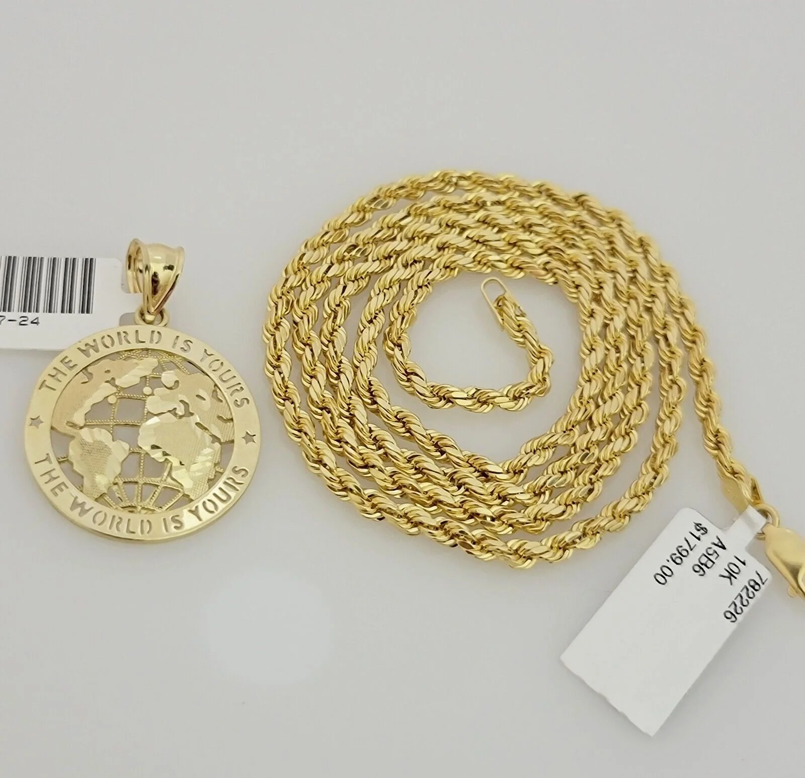 Real 10k Gold Chain Pendant SET World Is Your Charm  Rope Necklace 3mm 22 Inch - Image 5