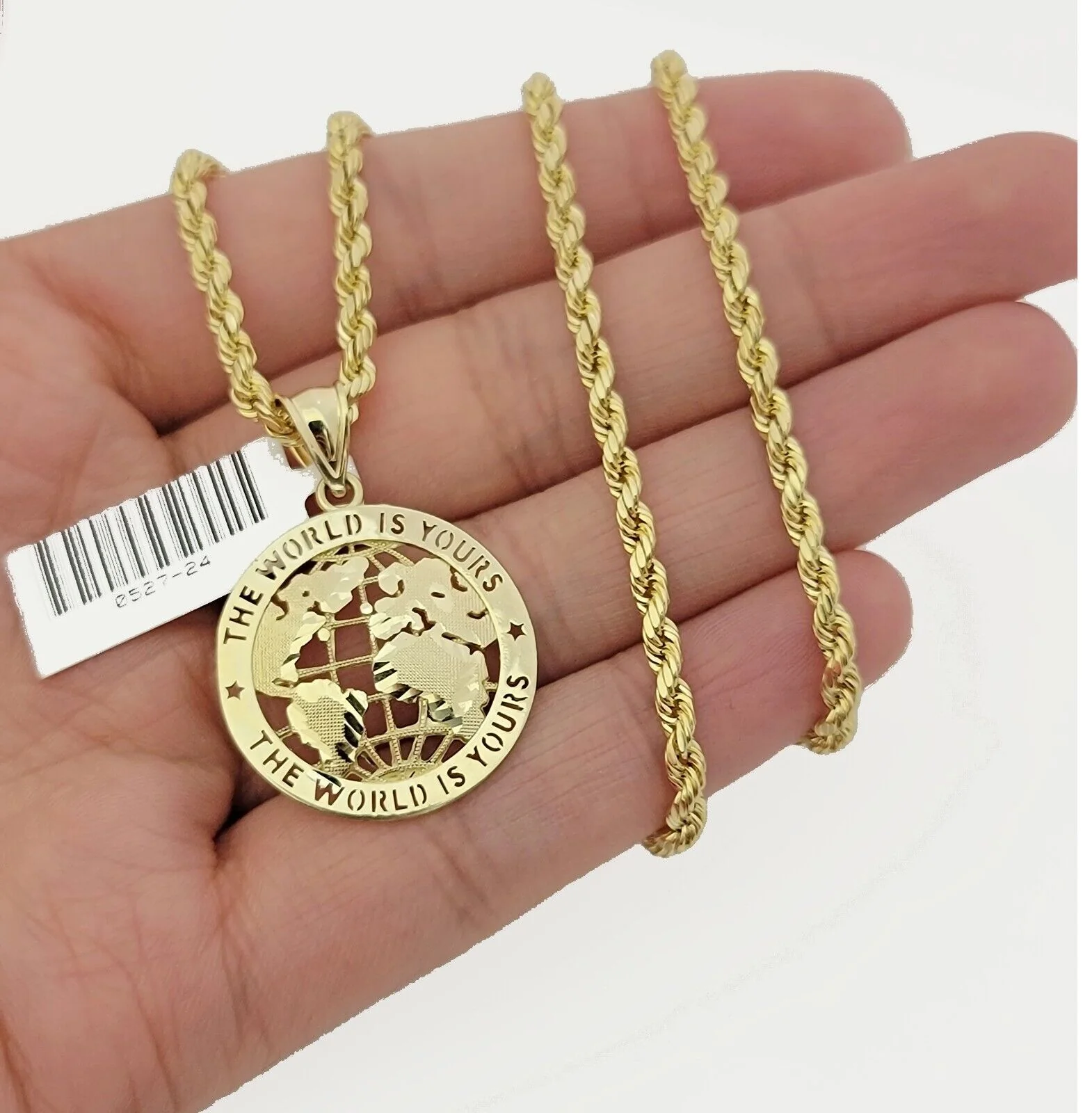 Real 10k Gold Chain Pendant SET World Is Your Charm  Rope Necklace 3mm 26 Inch - Image 2