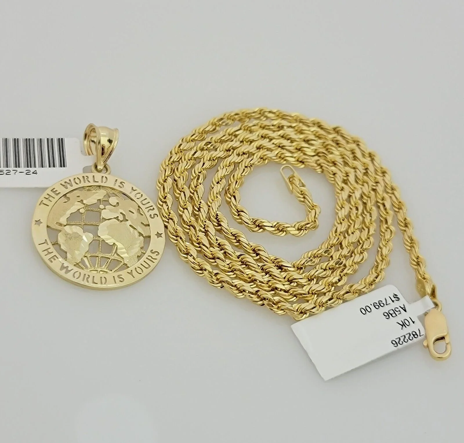 Real 10k Gold Chain Pendant SET World Is Your Charm  Rope Necklace 3mm 26 Inch - Image 3