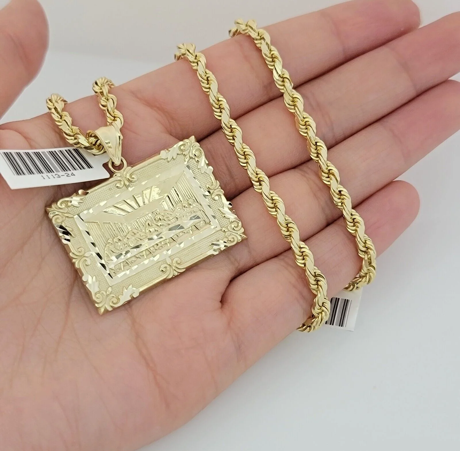 Real 10k Gold Chain Solid Rope Necklace Pendant SET Last supper Charm 4mm 22" - Image 4
