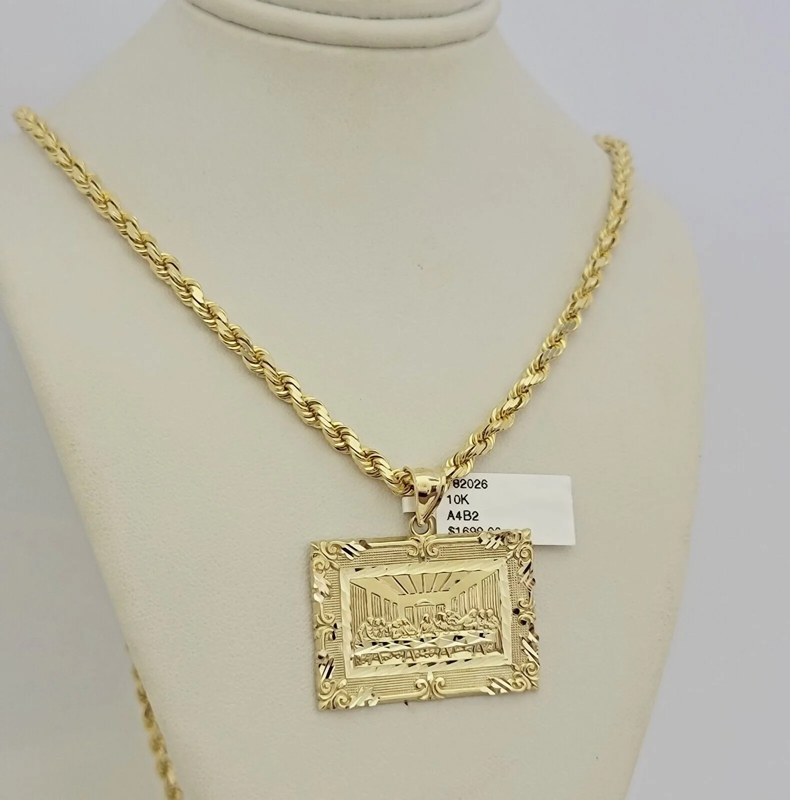 Real 10k Gold Chain Solid Rope Necklace Pendant SET Last supper Charm 4mm 24" - Image 3
