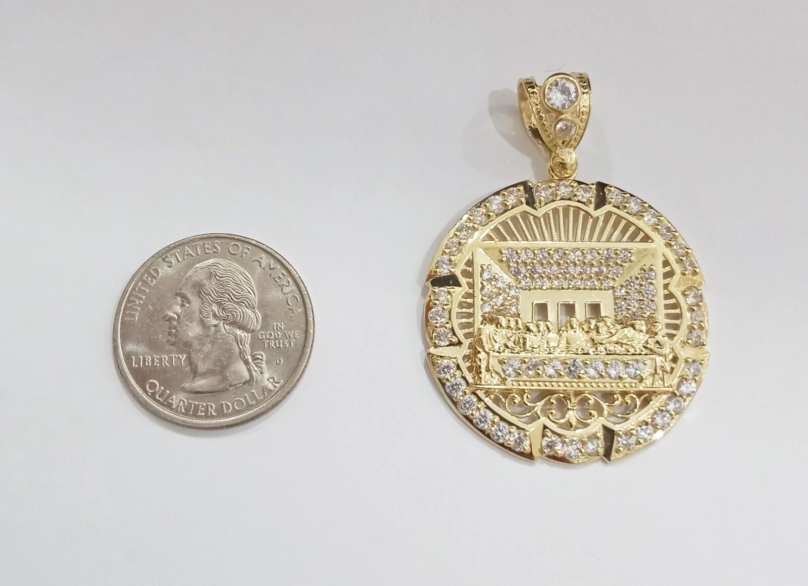 Real 10k Gold Circle Charm Last Supper Pendant 10kt Yellow Gold for Chain Men - Image 2