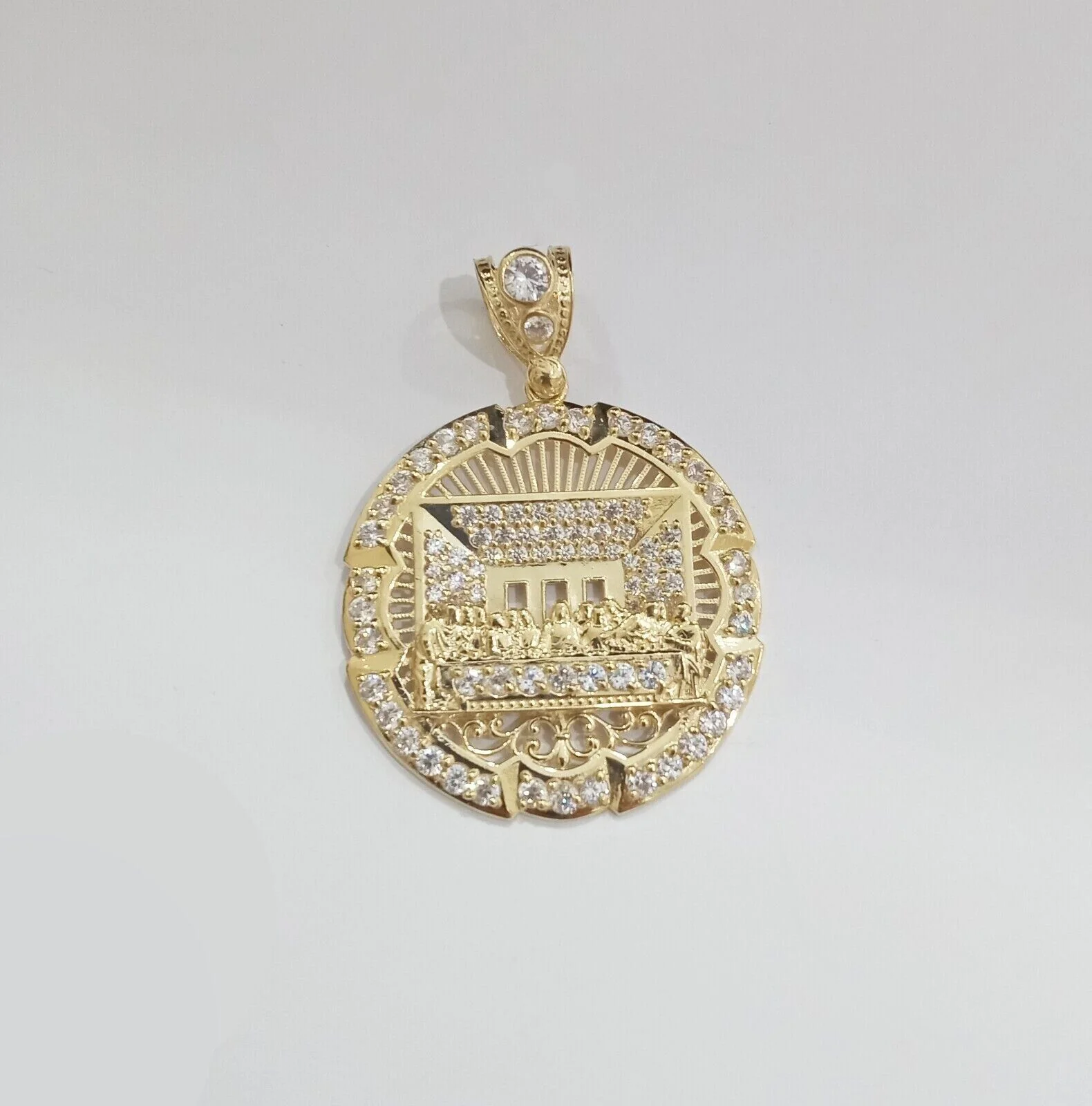 Real 10k Gold Circle Charm Last Supper Pendant 10kt Yellow Gold for Chain Men - Image 4