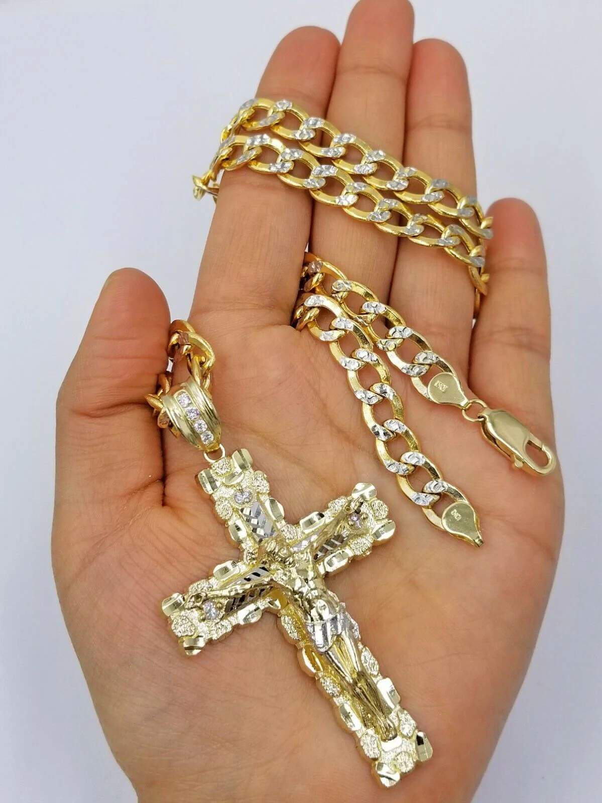 Real 10k Gold Cross And 10k Cuban Link 26" Necklace 3" Pendant Charm Chain Set - Image 2