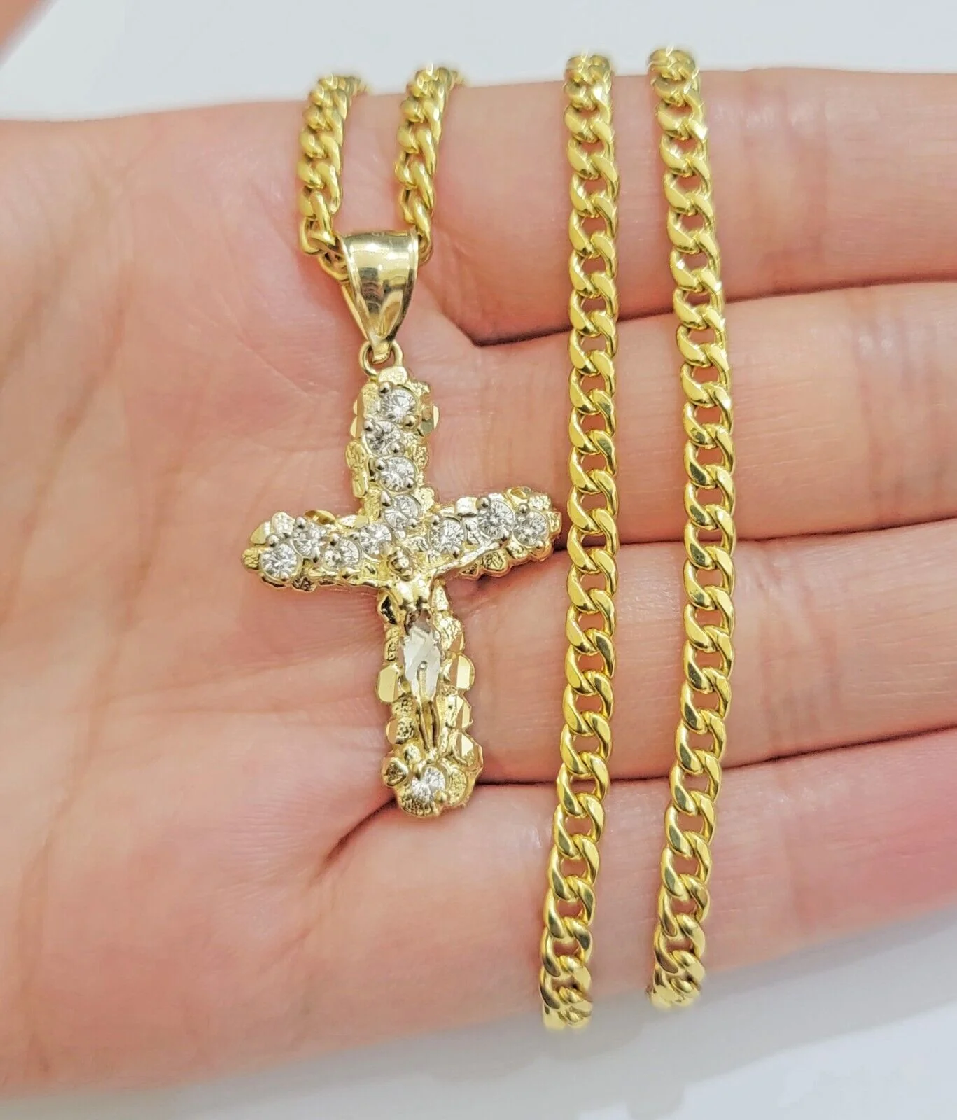 Real 10k Gold Cross Charm Pendant Chain SET 18-26" Miami Cuban Link Necklace Men - Image 3