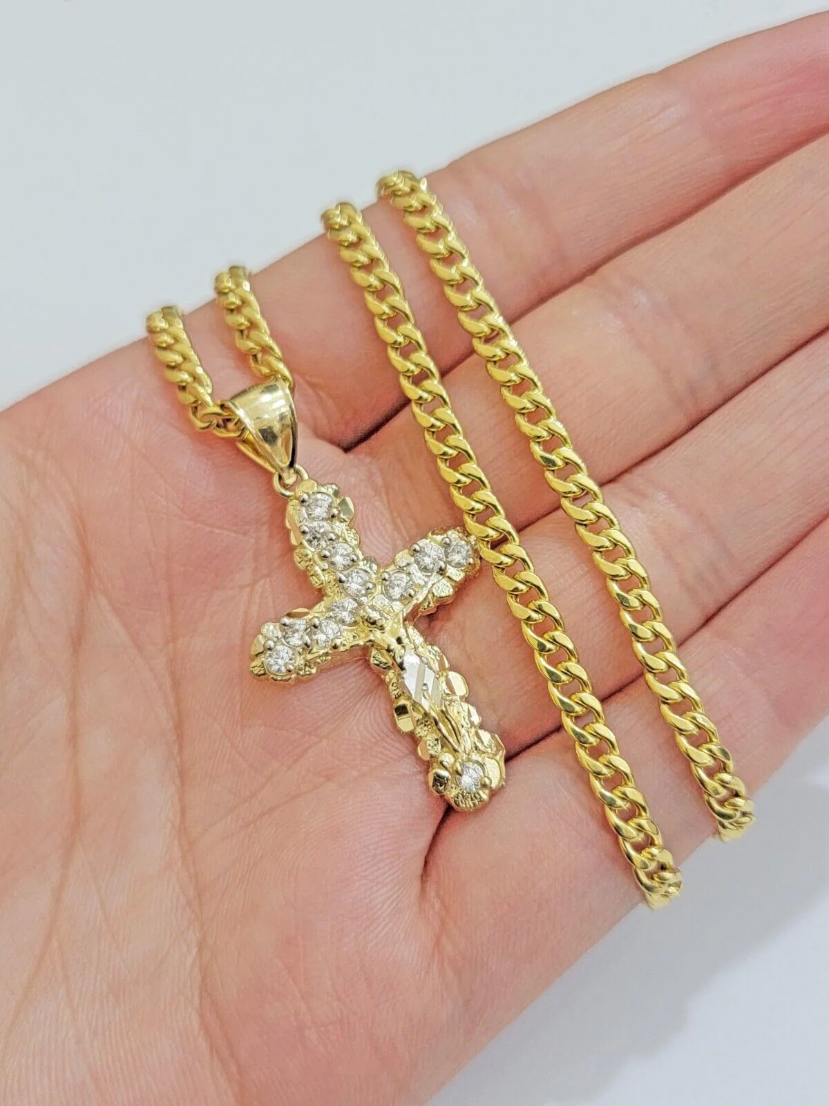 Real 10k Gold Cross Charm Pendant Chain SET 18-26" Miami Cuban Link Necklace Men - Image 7