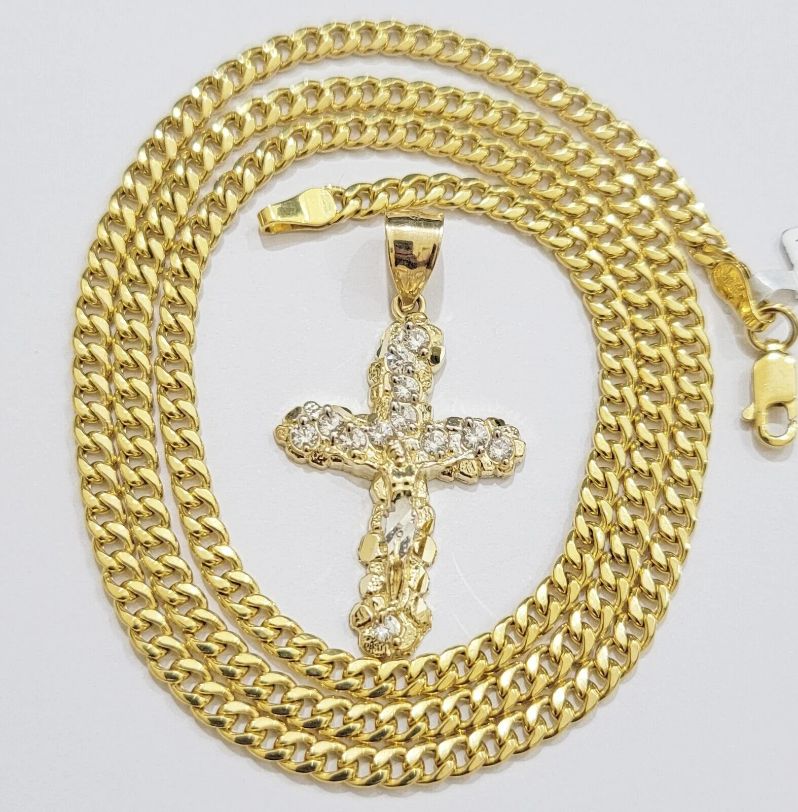 Real 10k Gold Cross Charm pendant & Miami Cuban Link Chain Necklace 4mm 22" Mens - Image 2
