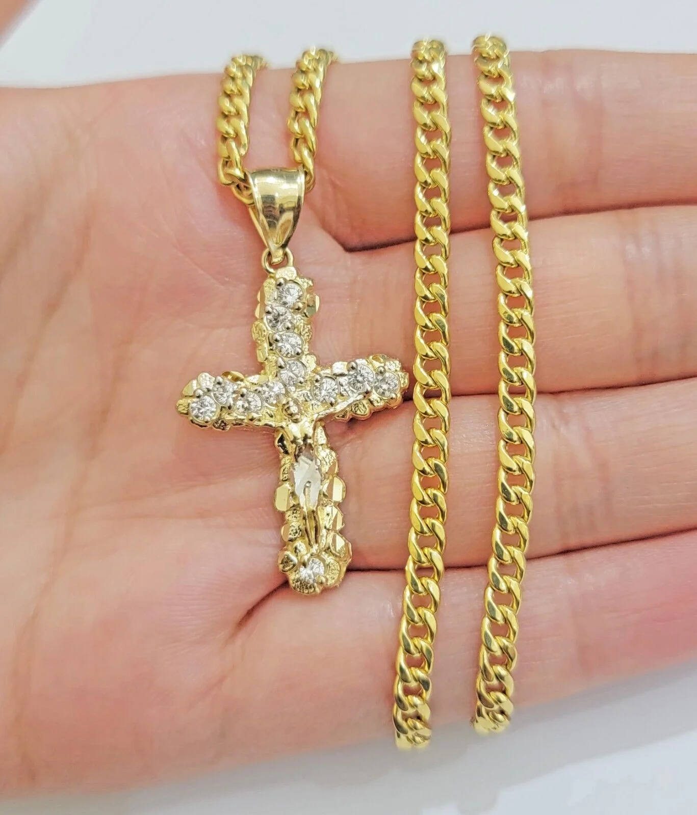 Real 10k Gold Cross Charm pendant & Miami Cuban Link Chain Necklace 4mm 22" Mens - Image 3