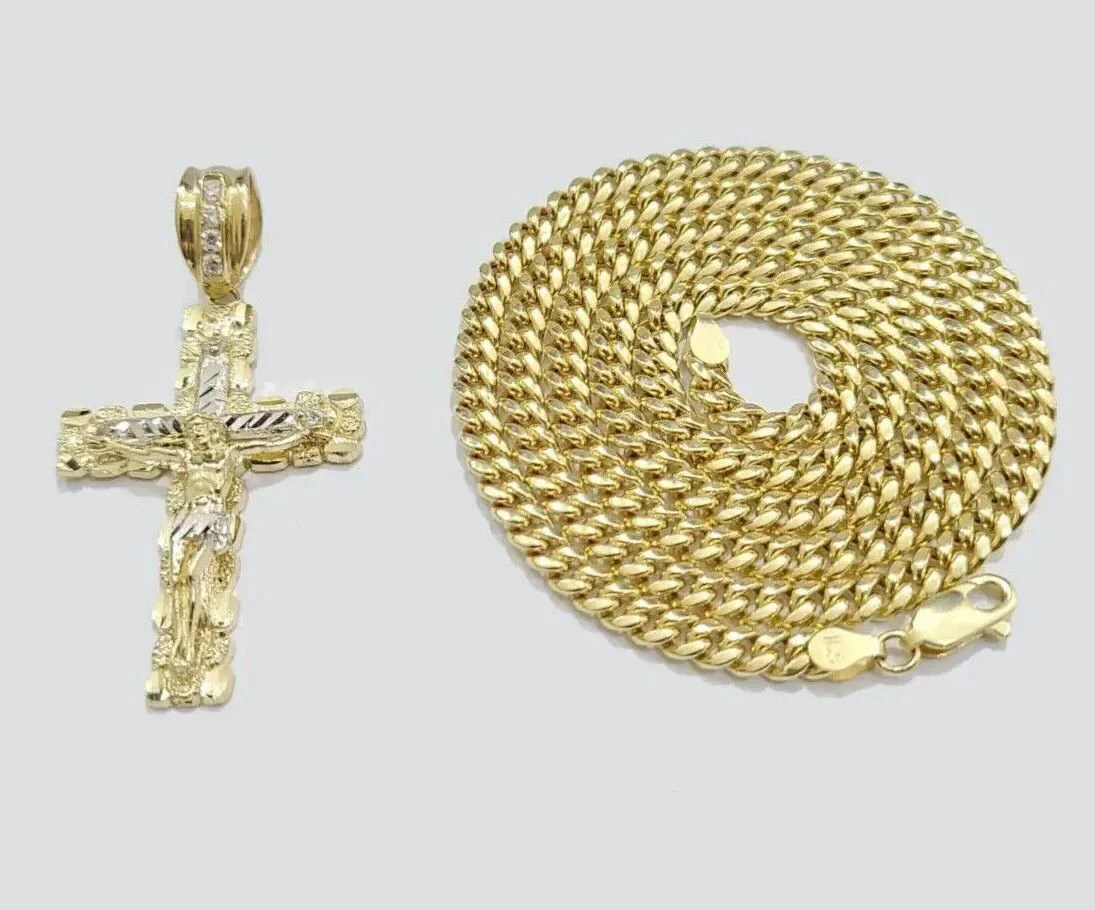 Real 10k Gold Cross Charm pendant Necklace SET 5mm Miami Cuban Link chain 18-28" - Image 3