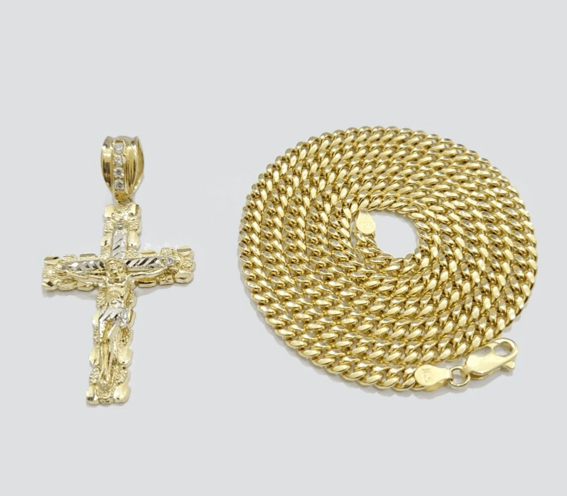 Real 10k Gold Cross Pendant Necklace 22 Inch SET Chain 5mm Miami Cuban Link 10KT - Image 7