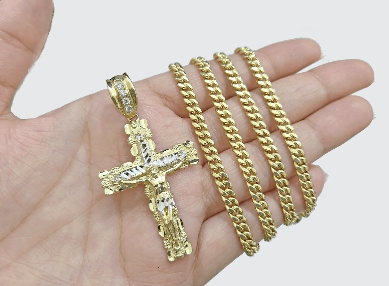 Real 10k Gold Cross Pendant Necklace 26 Inch SET Chain 5mm Miami Cuban Link 10KT - Image 11