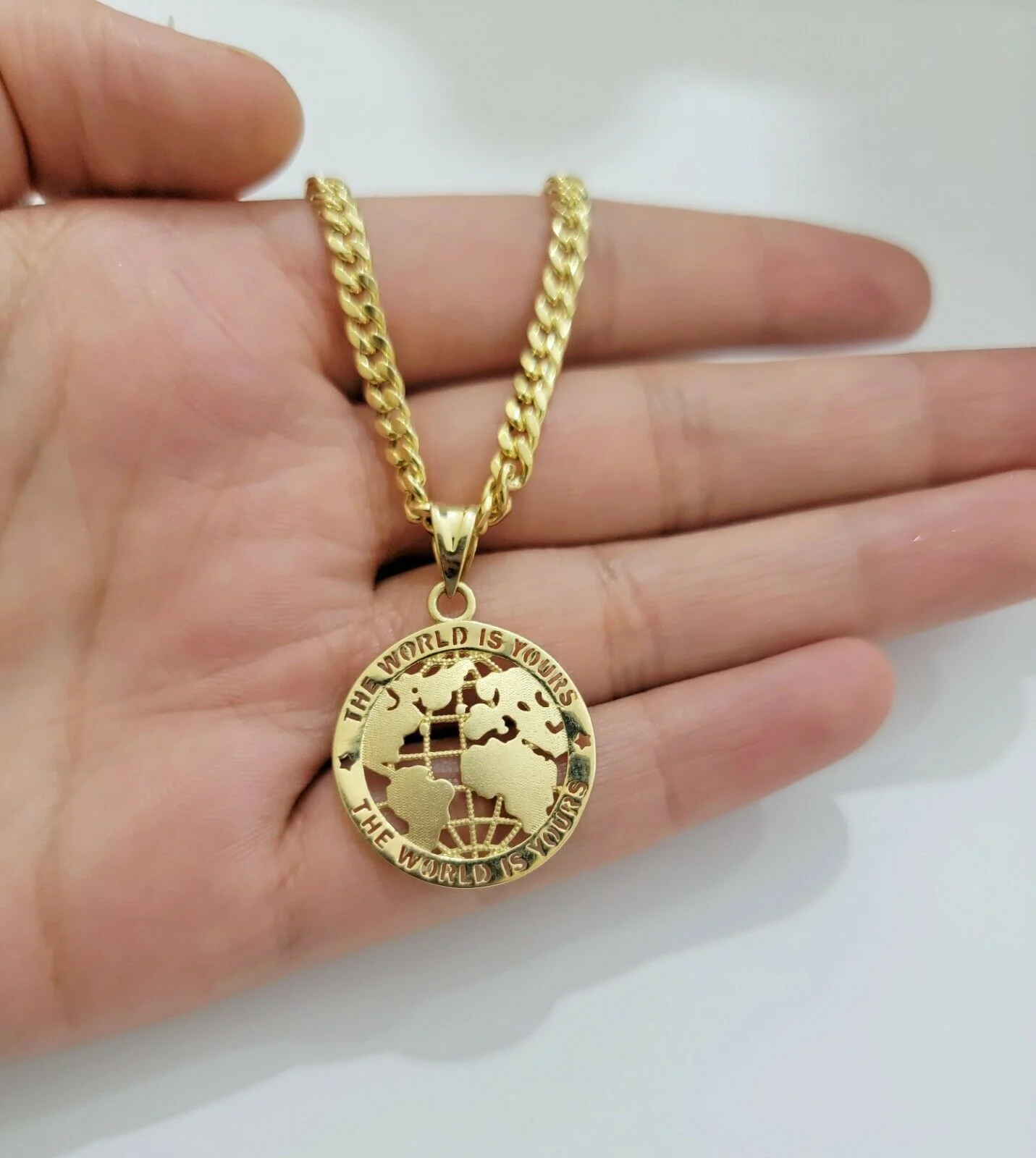 Real 10k Gold Cuban Link Chain Pendant Set 20" 3.5 mm Necklace World Map Charm - Image 7