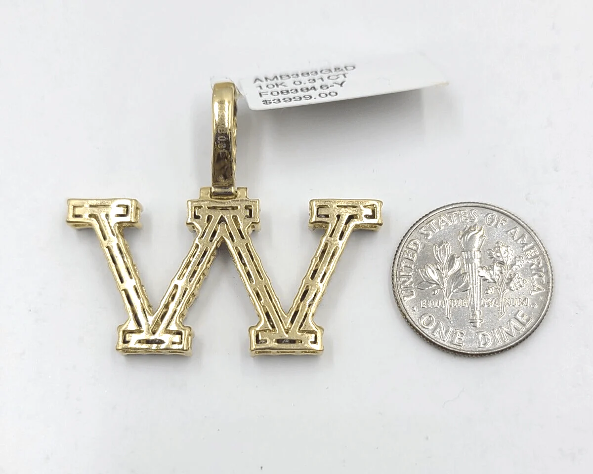 Real 10k Gold & Diamond Letter W Initial Alphabet Charm Pendant 1.25". - Image 4