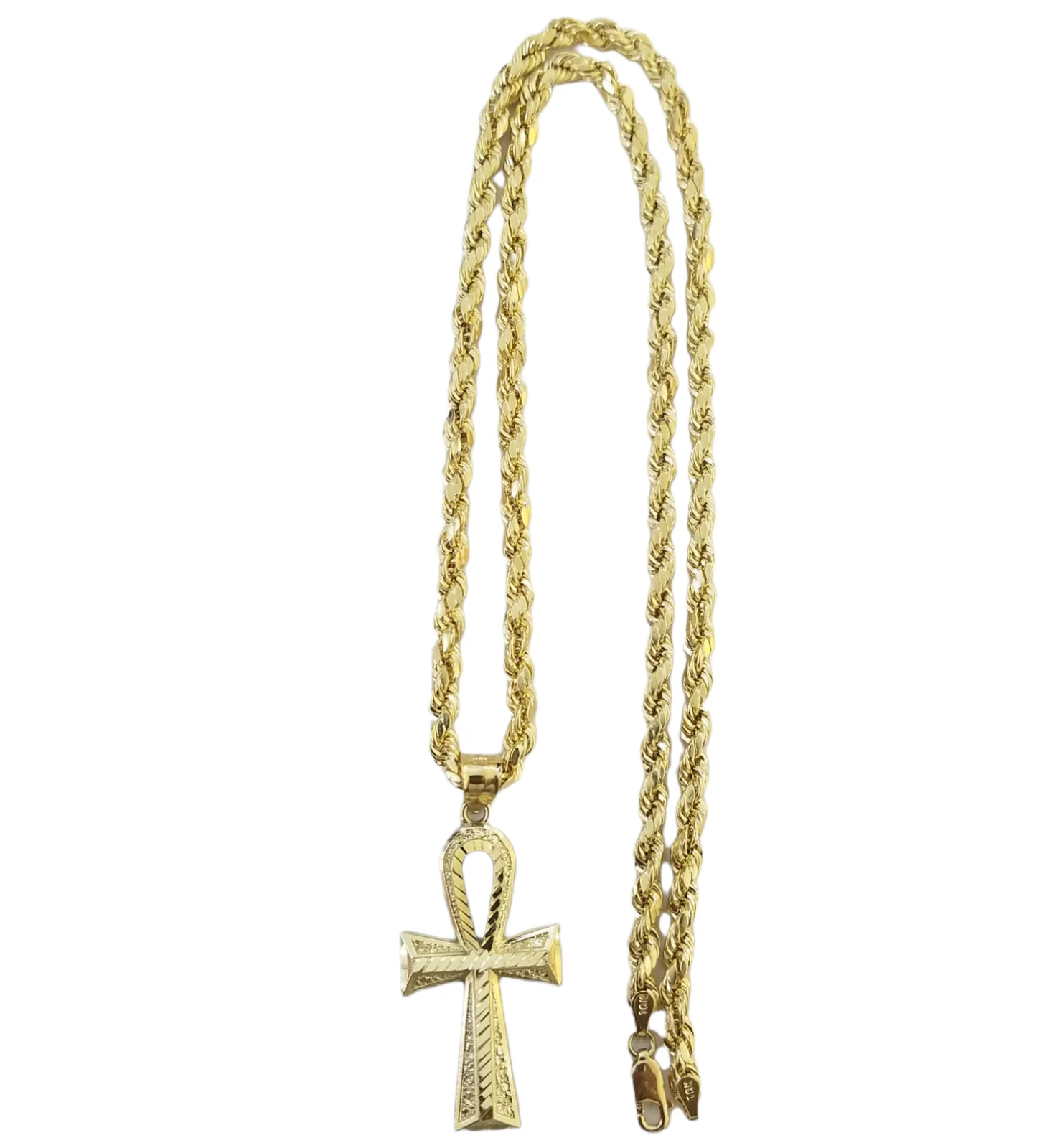 Real 10K Gold Egyptian Ankh Cross Pendent 4mm Rope Chain 18" 20" 22" 24" 26" 28" - Image 3