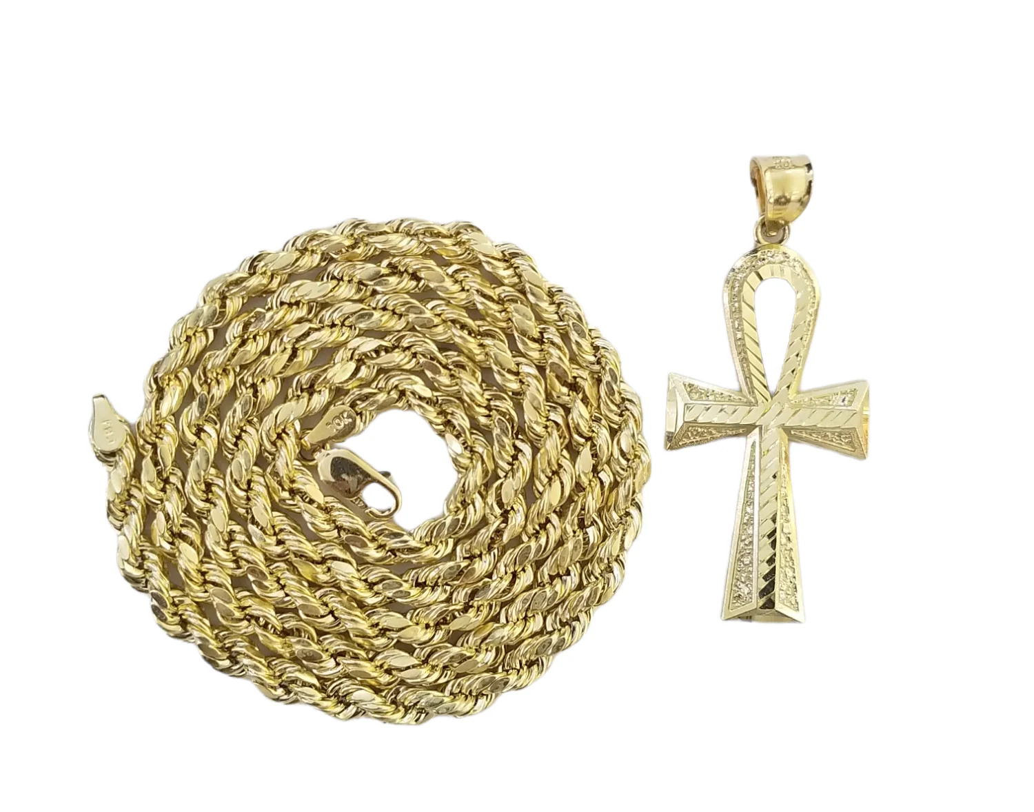 Real 10K Gold Egyptian Ankh Cross Pendent 4mm Rope Chain 18" 20" 22" 24" 26" 28" - Image 4