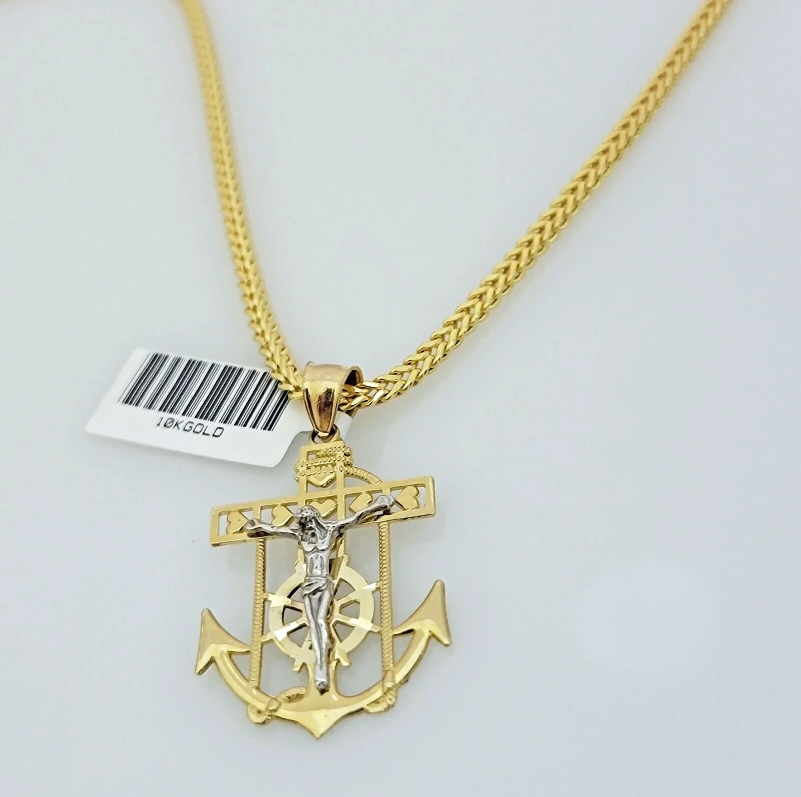 Real 10k Gold Franco Chain Anchor Cross Charm pendant Set 2.5mm Necklace 20 Inch - Image 5