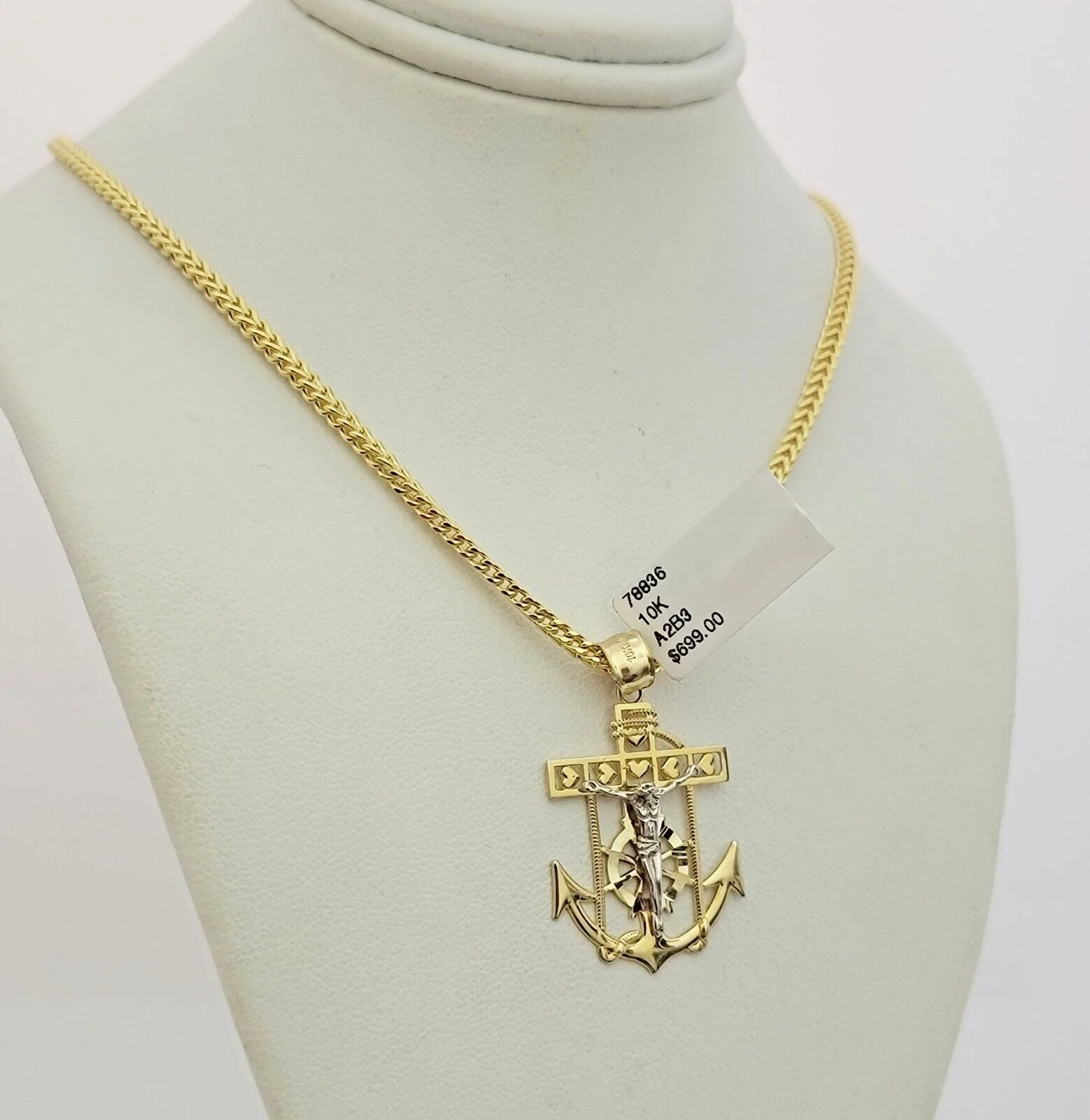 Real 10k Gold Franco Chain Anchor Cross Charm pendant Set 2.5mm Necklace 22 Inch - Image 2