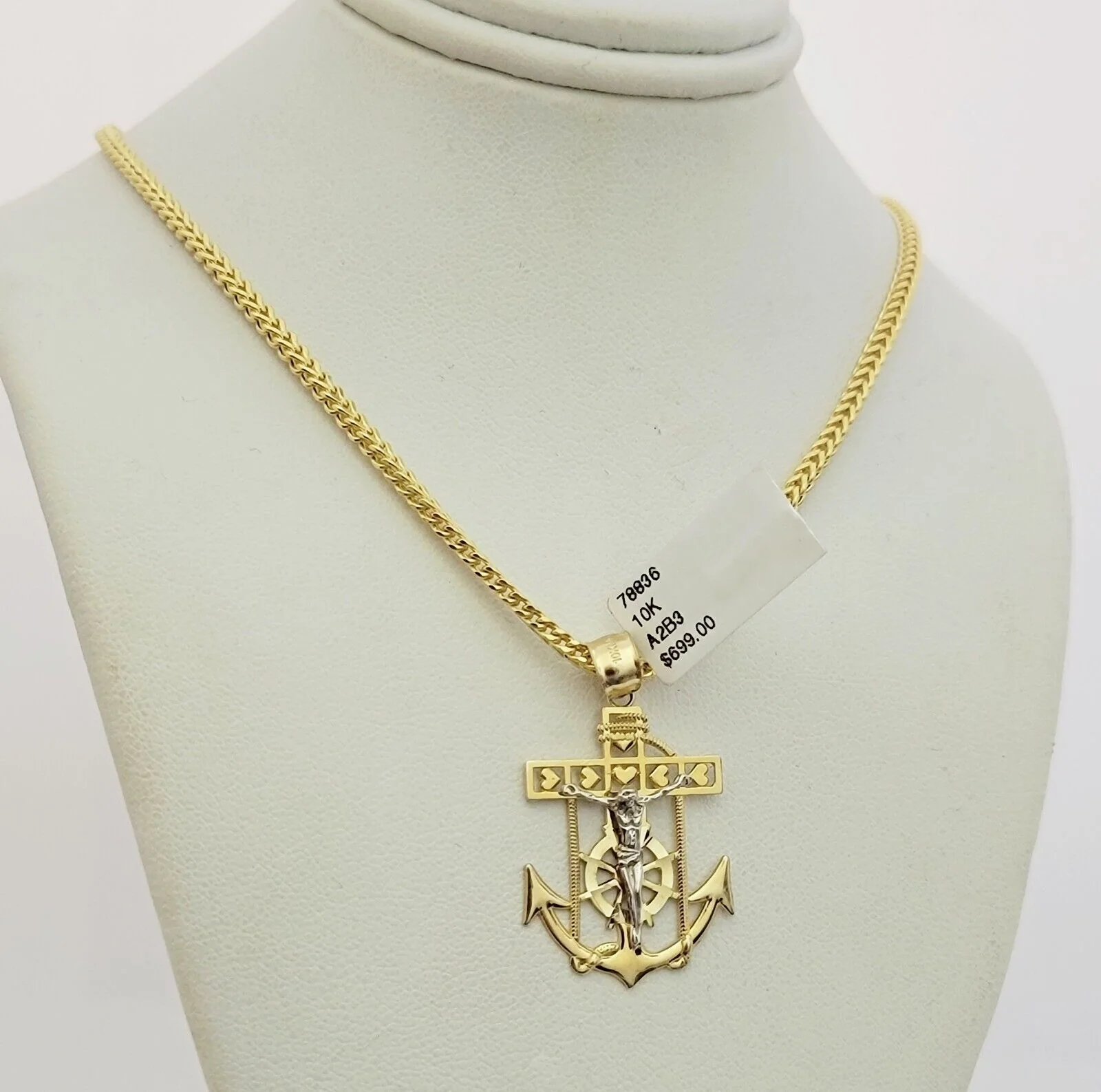Real 10k Gold Franco Chain Anchor Cross Charm pendant Set 2.5mm Necklace 22 Inch - Image 5
