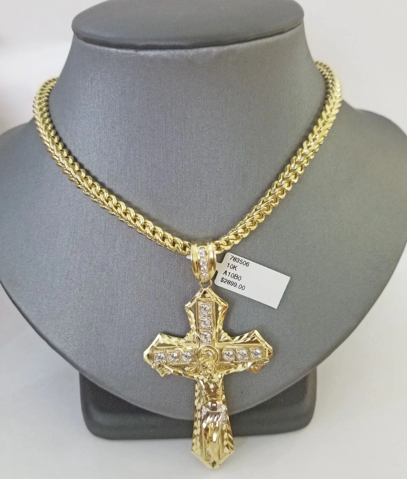 Real 10k Gold Franco chain & Cross Charm 10kt Pendant Necklace 24" 4mm SET - Image 2