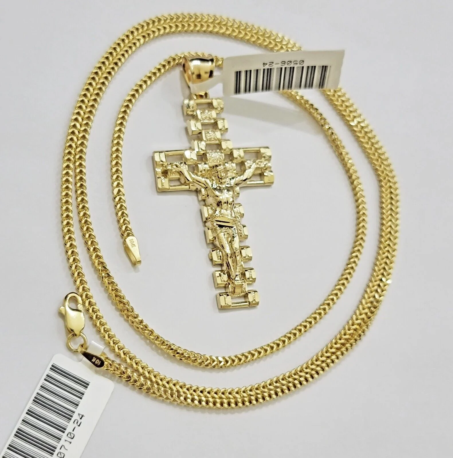 Real 10k Gold Franco Chain Cross Charm SET 20 Inch 2mm Necklace Jesus Pendant - Image 6