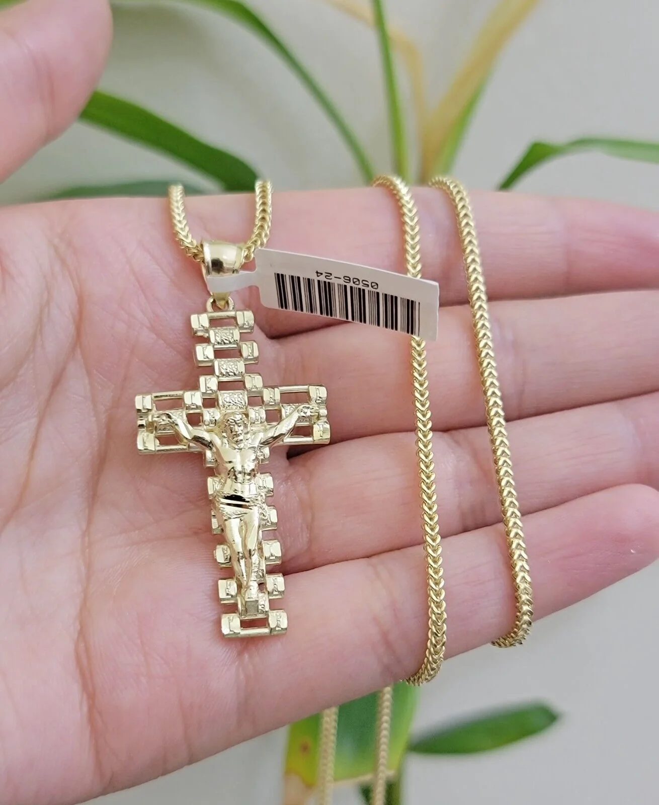 Real 10k Gold Franco Chain Cross Charm SET 24 Inch 2mm Necklace Jesus Pendant - Image 2
