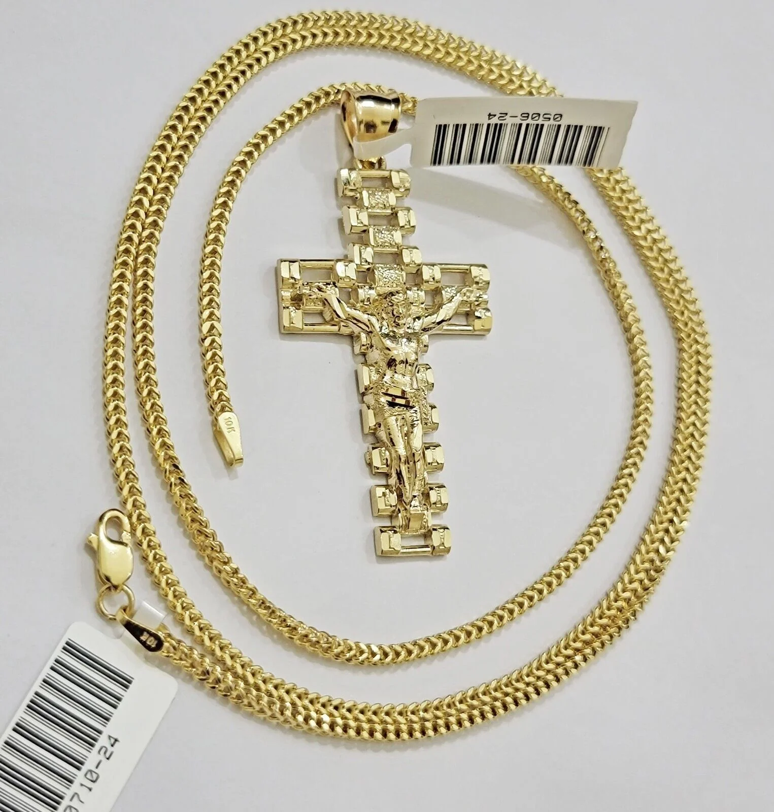 Real 10k Gold Franco Chain Cross Charm SET 24 Inch 2mm Necklace Jesus Pendant - Image 4