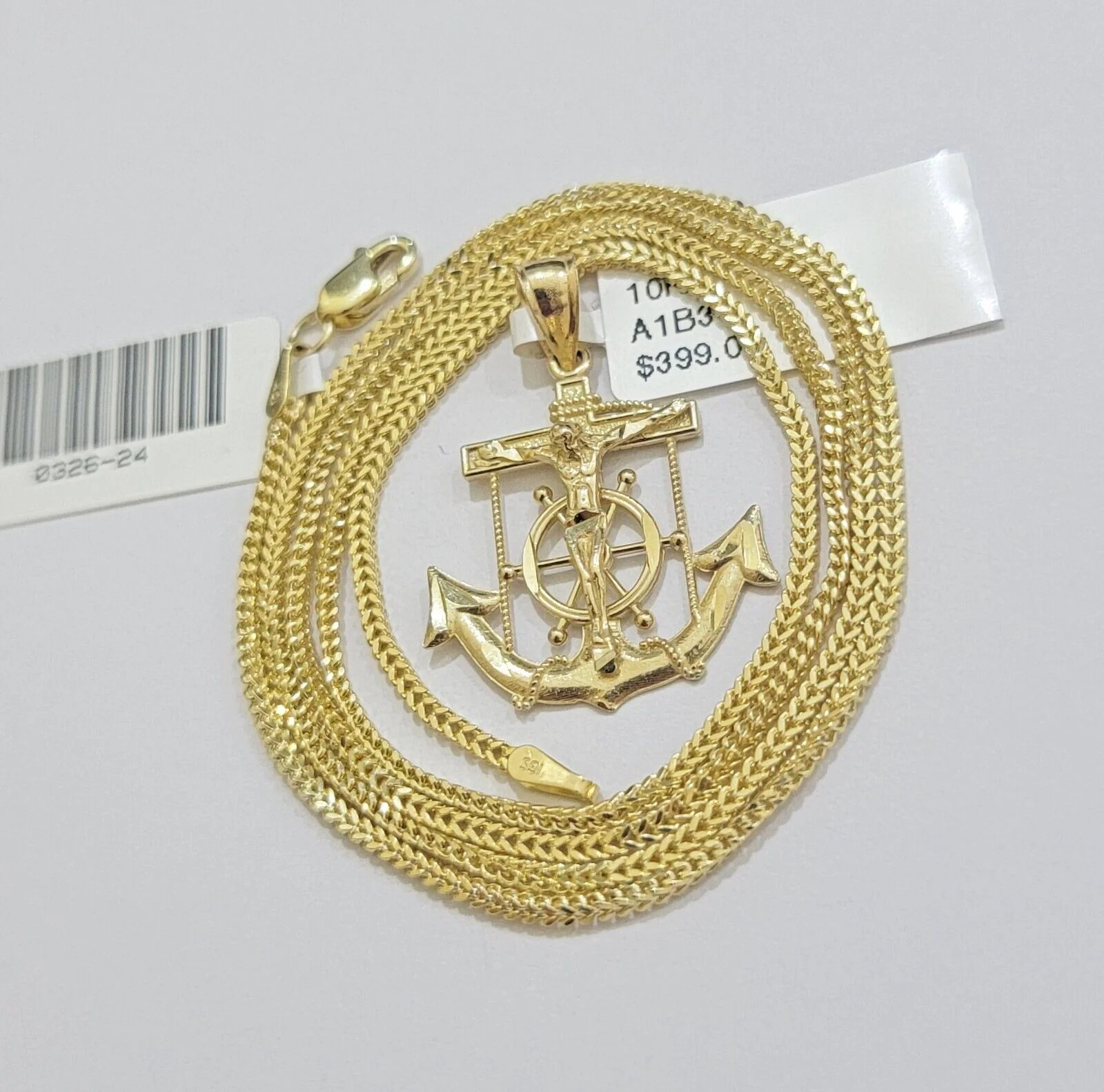 Real 10k Gold Franco Chain Jesus Anchor Charm Pendant Necklace SET Men Women - Image 3