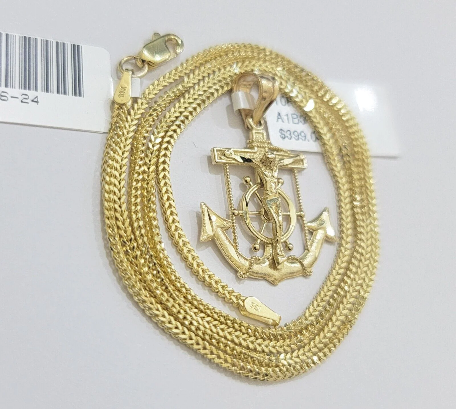 Real 10k Gold Franco Chain Jesus Anchor Charm Pendant Necklace SET Men Women - Image 5