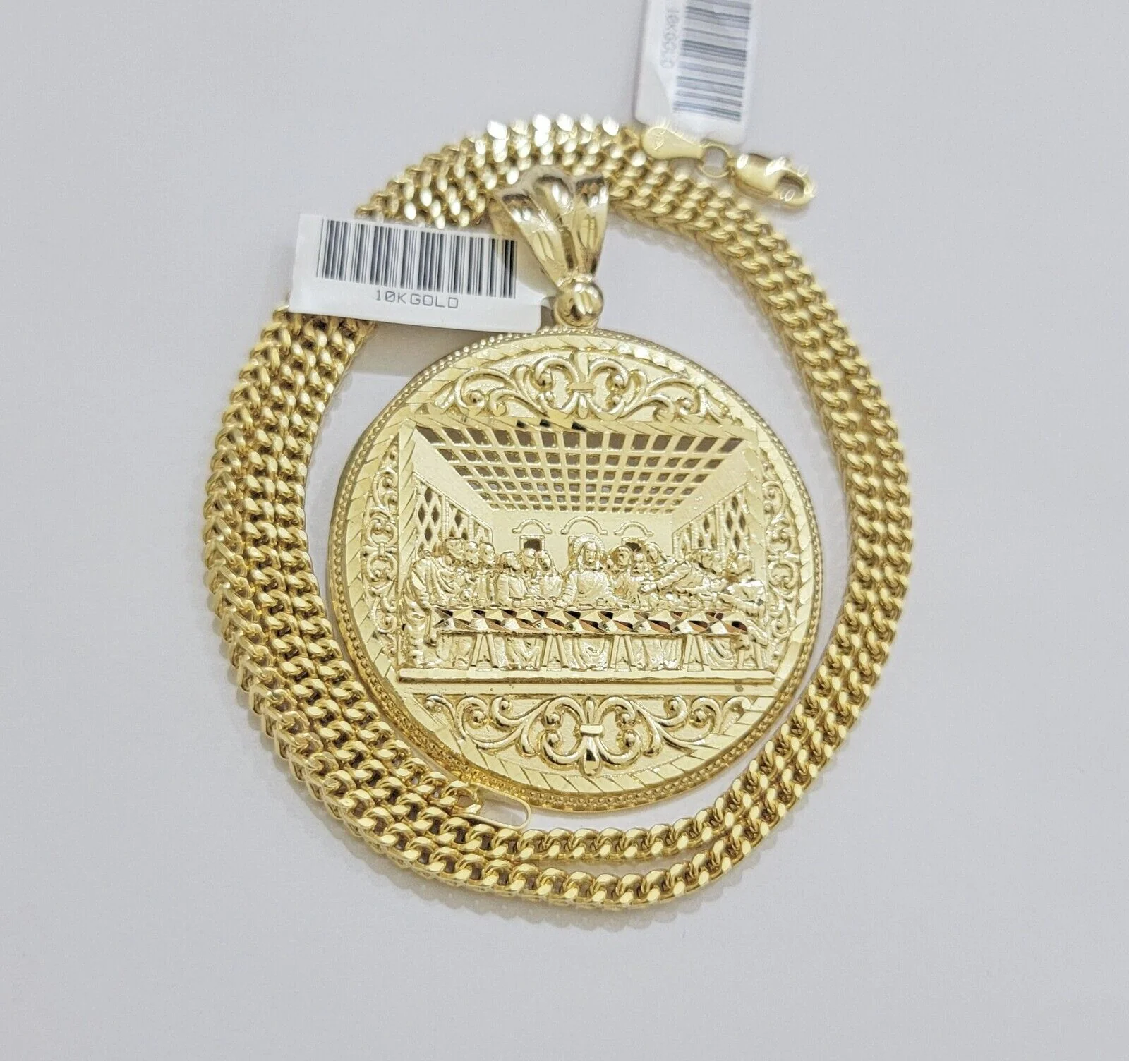 REAL 10k Gold Franco Chain Last Supper Pendant SET Necklace 3mm 20" Inch Choker - Image 6