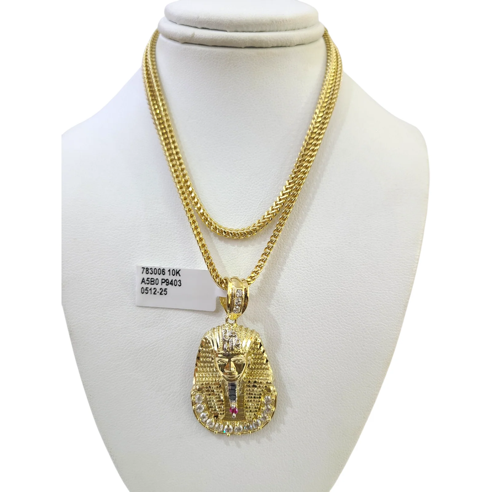 Real 10k Gold Franco Chain Pharaoh Head Charm 2.5mm 18"-26" Pendant Necklace SET - Image 2