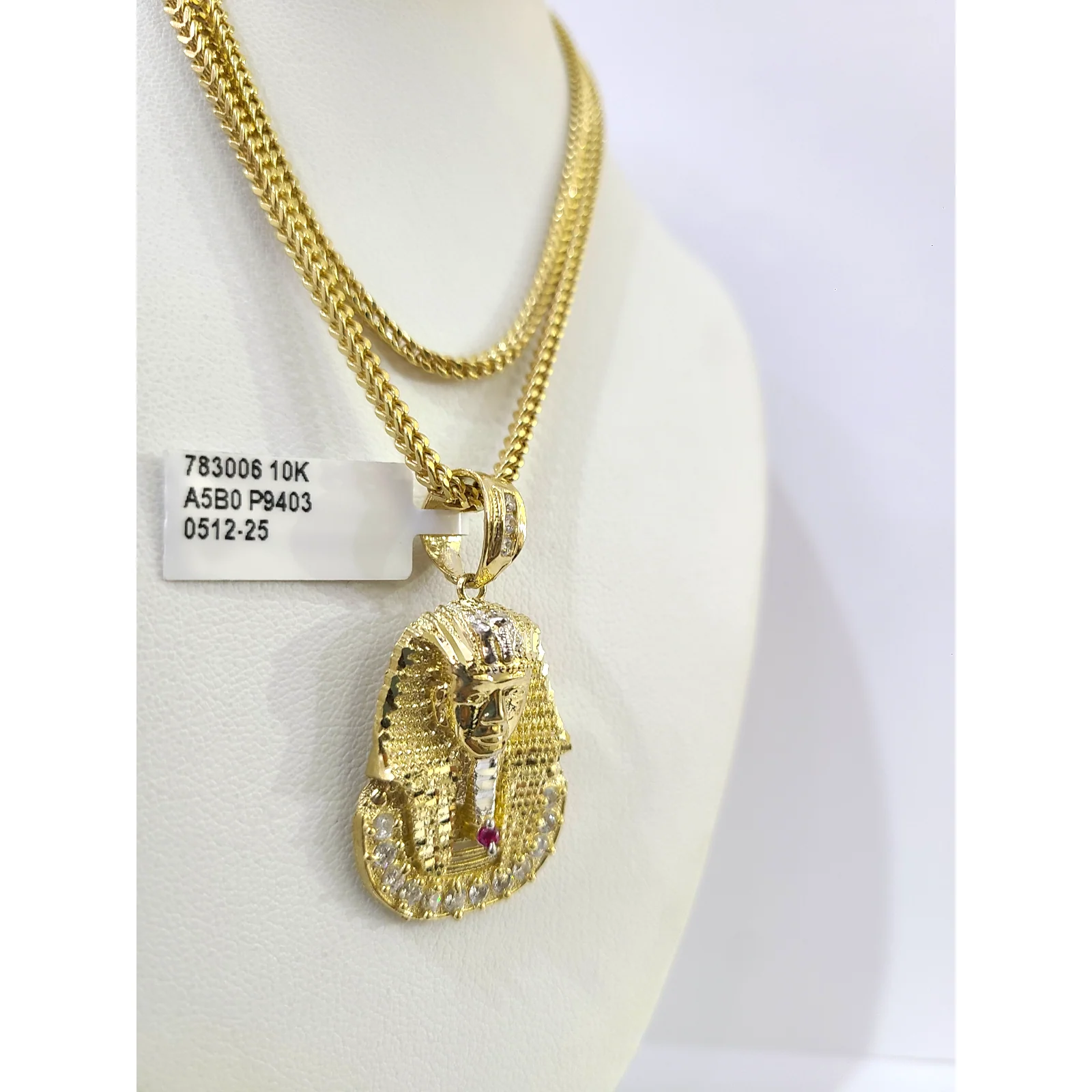Real 10k Gold Franco Chain Pharaoh Head Charm 2.5mm 18"-26" Pendant Necklace SET - Image 4