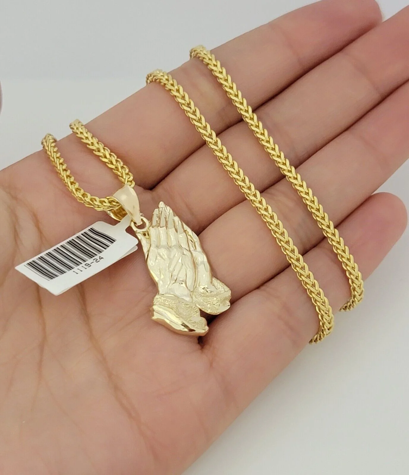 Real 10k Gold Franco Chain Praying Hand Charm pendant Set 2.5mm Necklace 24 Inch - Image 2