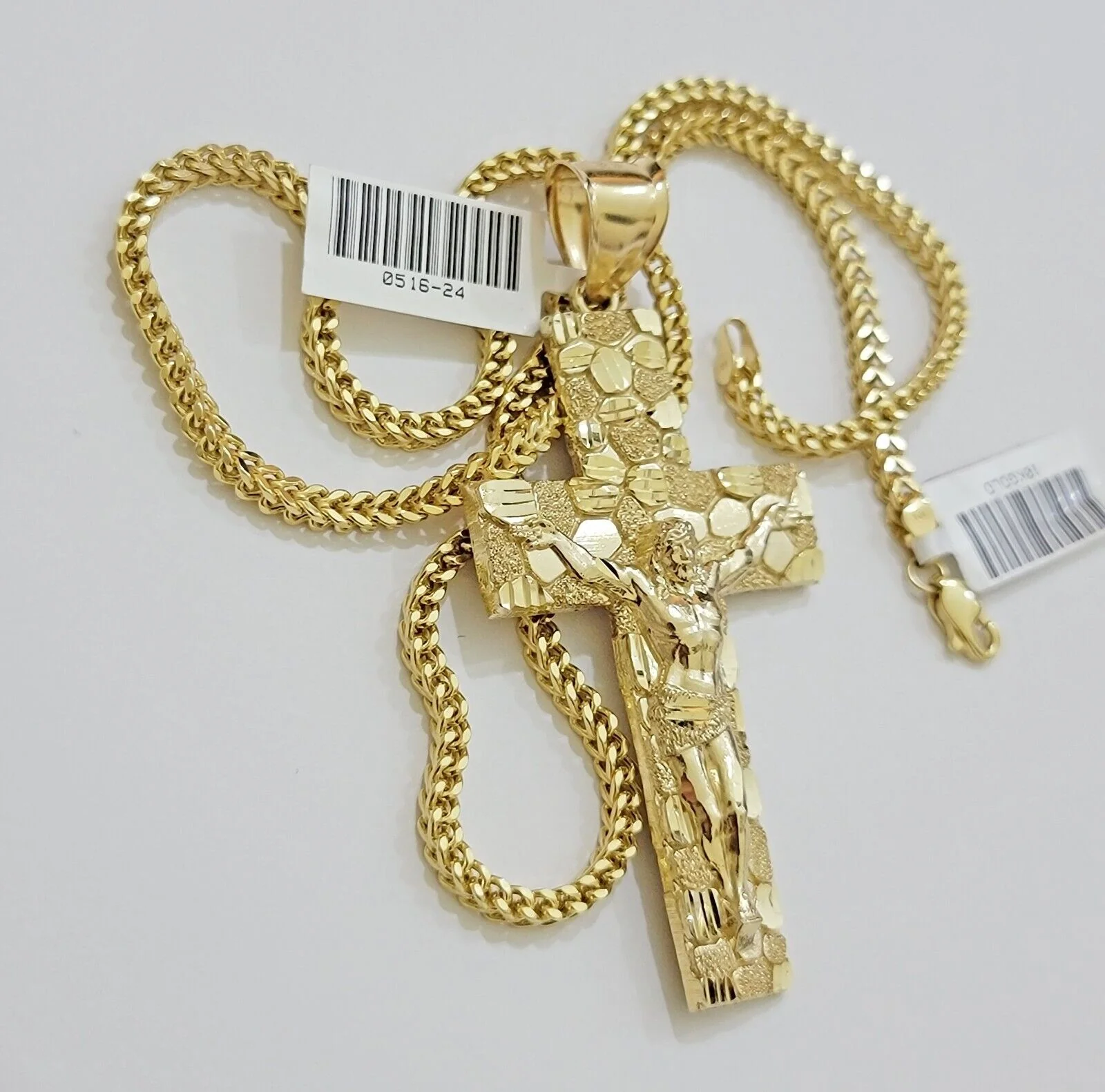 REAL 10k Gold Franco Necklace Nugget Charm Cross Pendant SET 22 Inch 3mm Chain - Image 2