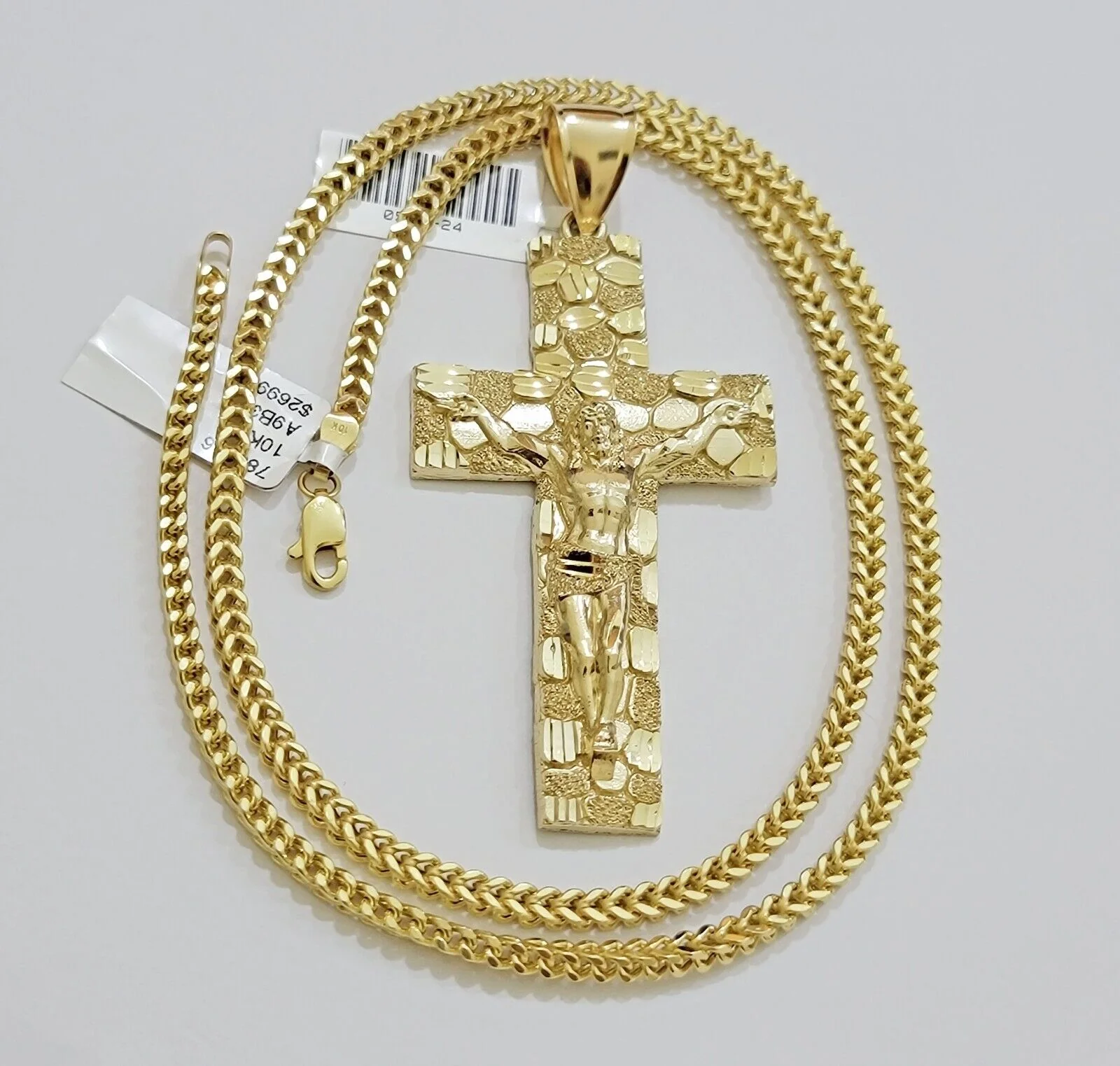 REAL 10k Gold Franco Necklace Nugget Charm Cross Pendant SET 22 Inch 3mm Chain - Image 4