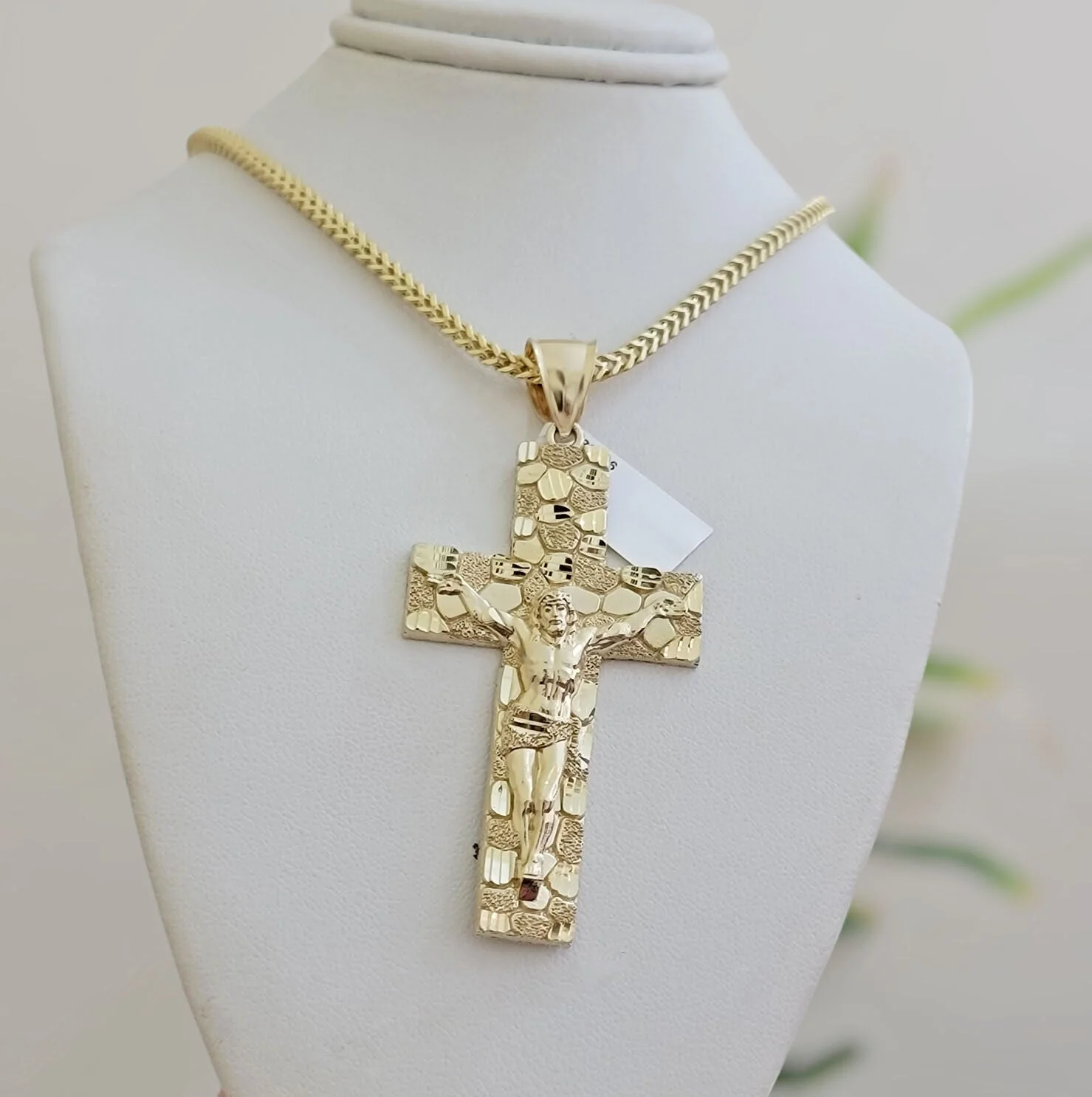 REAL 10k Gold Franco Necklace Nugget Charm Cross Pendant SET 26 Inch 3mm Chain - Image 2
