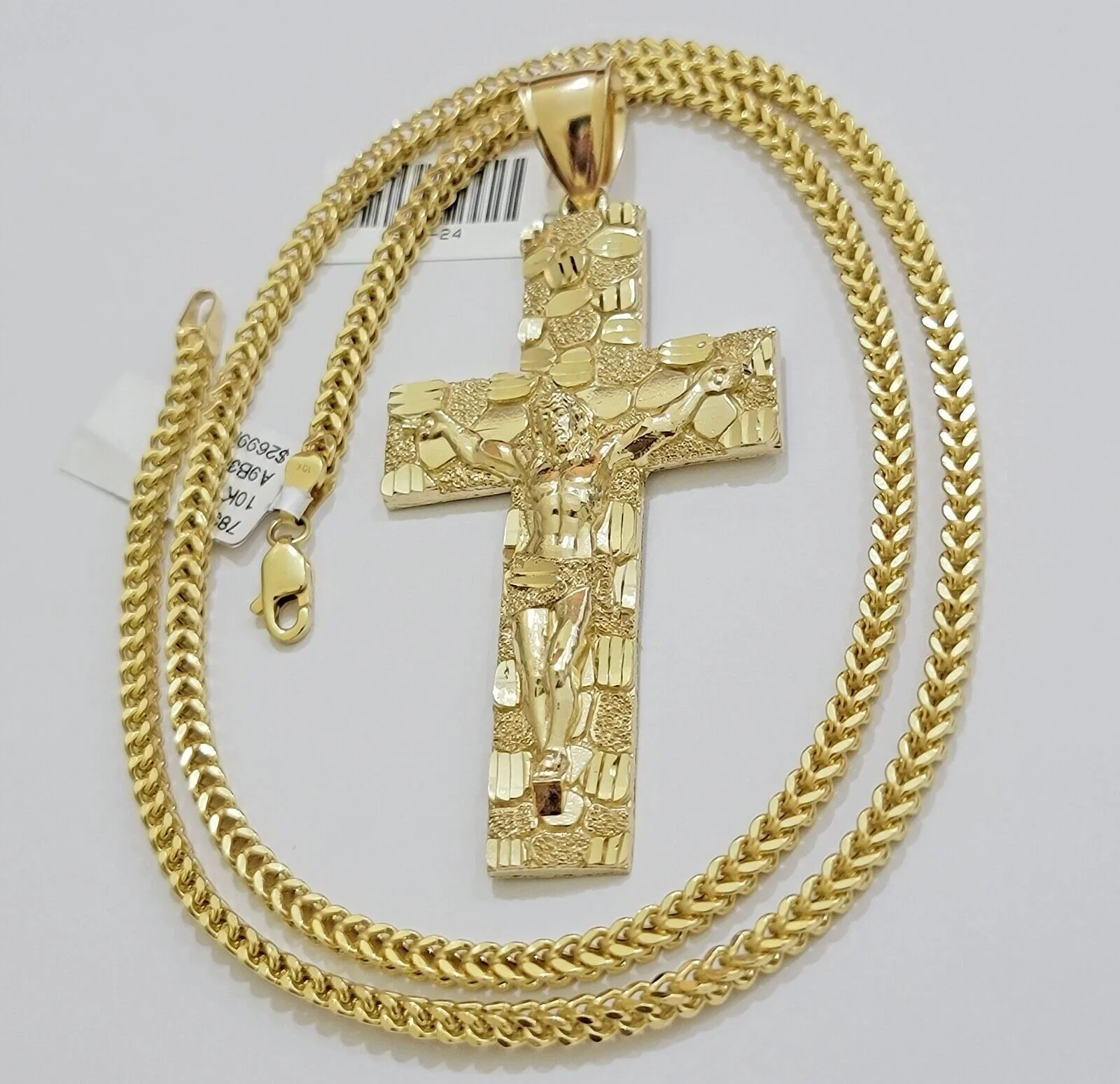 REAL 10k Gold Franco Necklace Nugget Charm Cross Pendant SET 26 Inch 3mm Chain - Image 7