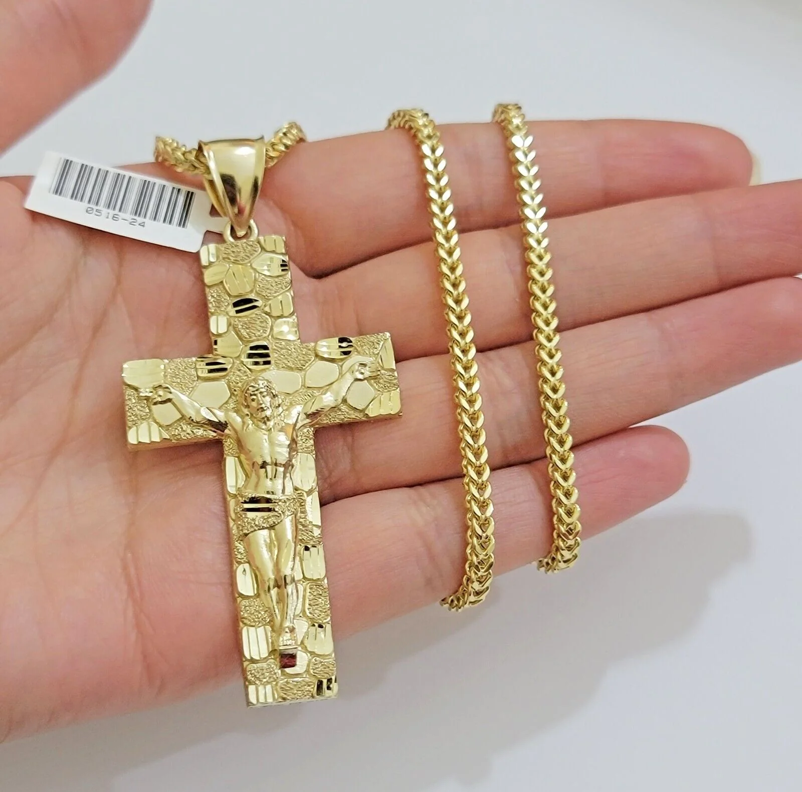 REAL 10k Gold Franco Necklace Nugget Cross Pendant SET 20" Inch 3mm Chain - Image 4