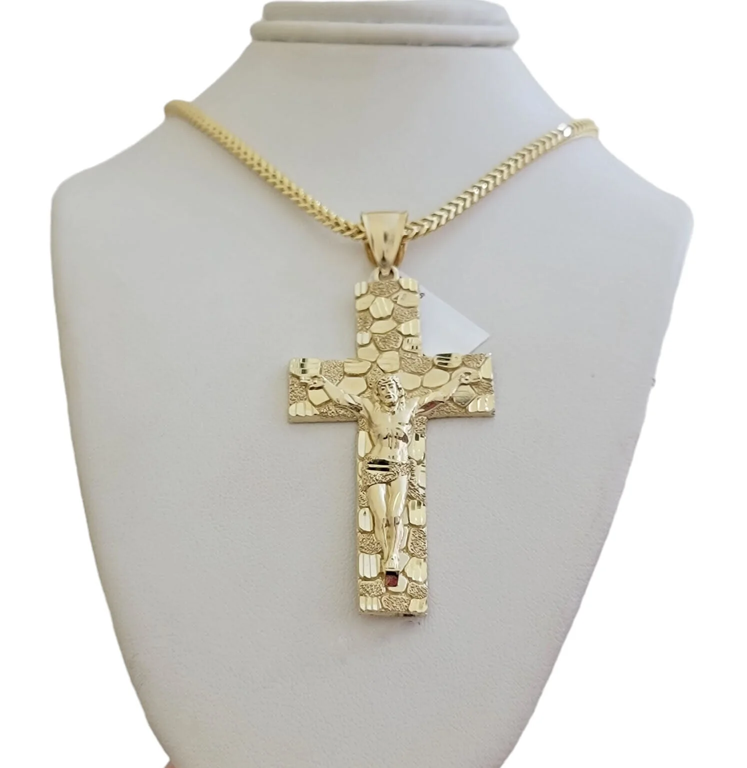 REAL 10k Gold Franco Necklace Nugget Cross Pendant SET 20" Inch 3mm Chain - Image 5